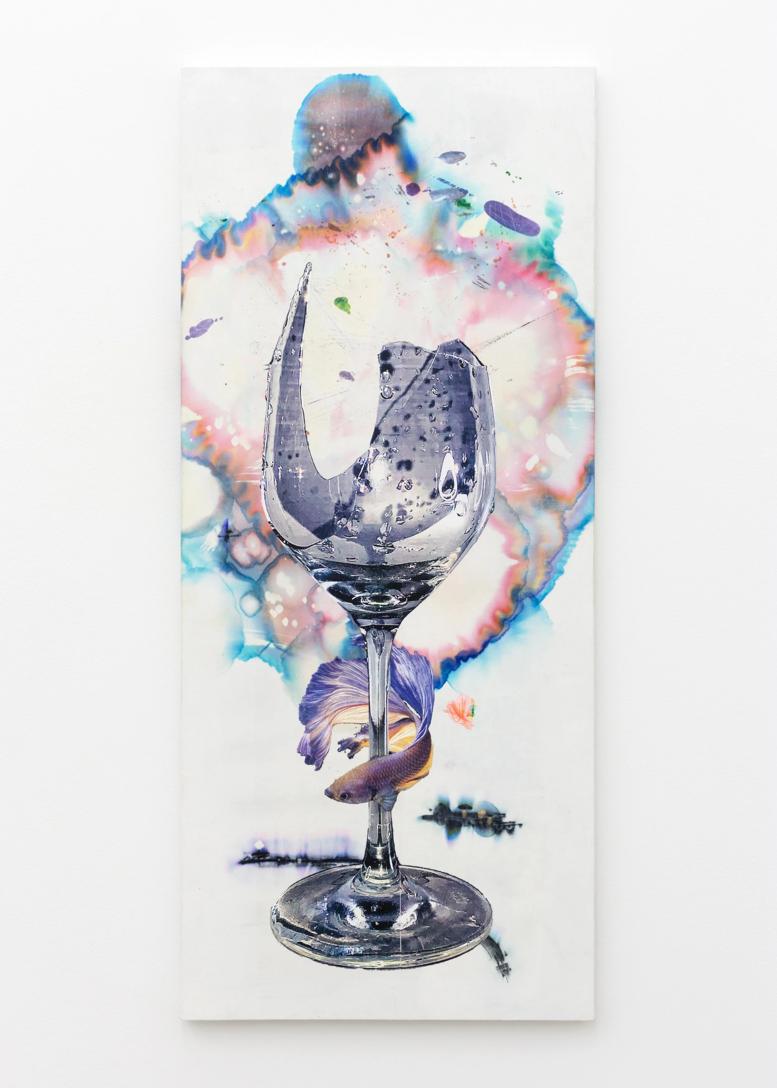  Leonardo Kaplan   Thirst Trapped , 2026  toner transfer, marker, pen, and dye on cotton  52h x 22 1/2w in 