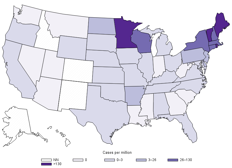   Annual reported incidence (per million population) for anaplasmosis – United States, 2016. (NN= Not notifiable) (Source: CDC)  