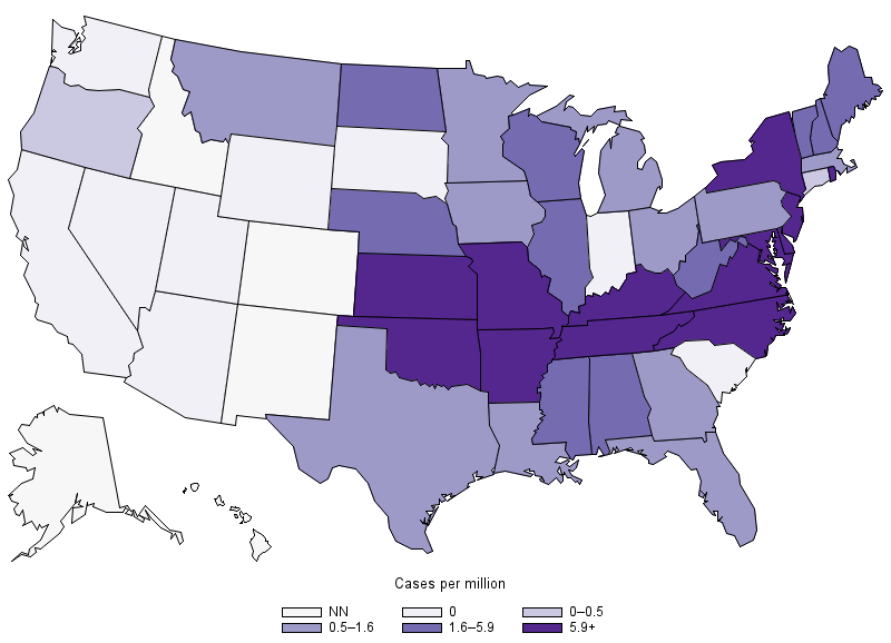  Annual reported incidence (per million population) for  E. chaffeensis  in the United States for 2017. (NN= Not notifiable) (Source: CDC) 