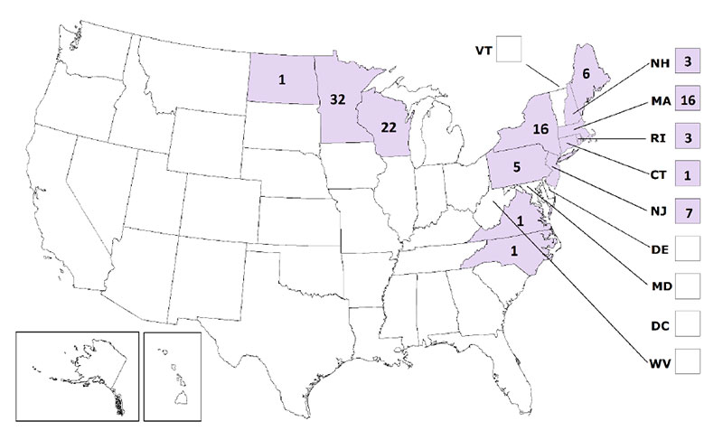   Powassan virus cases reported by state of residence, 2008–2017 (Source: CDC)  