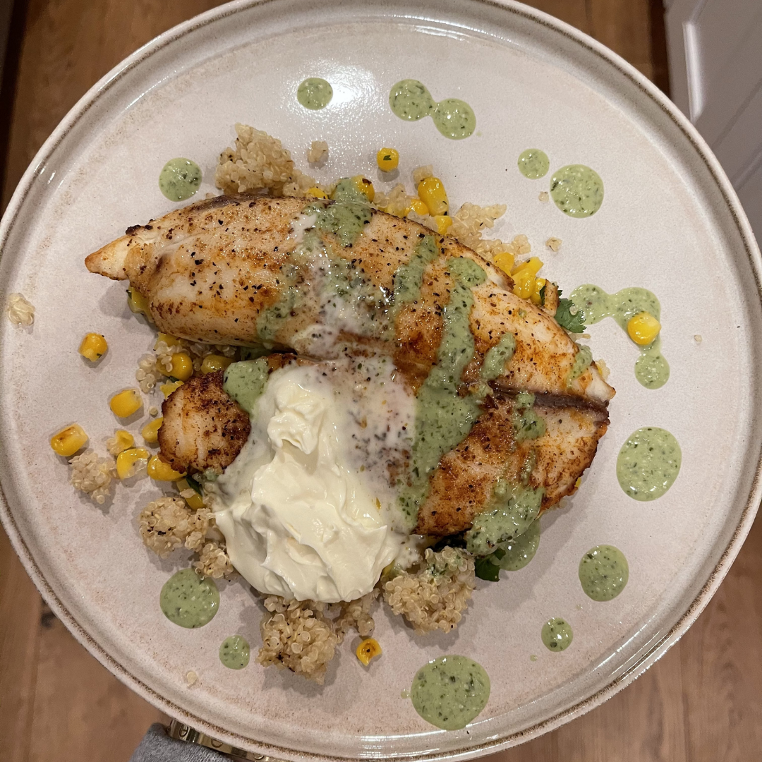 Tilapia with Quinoa, Corn and Crème Fraîche — so strahorn