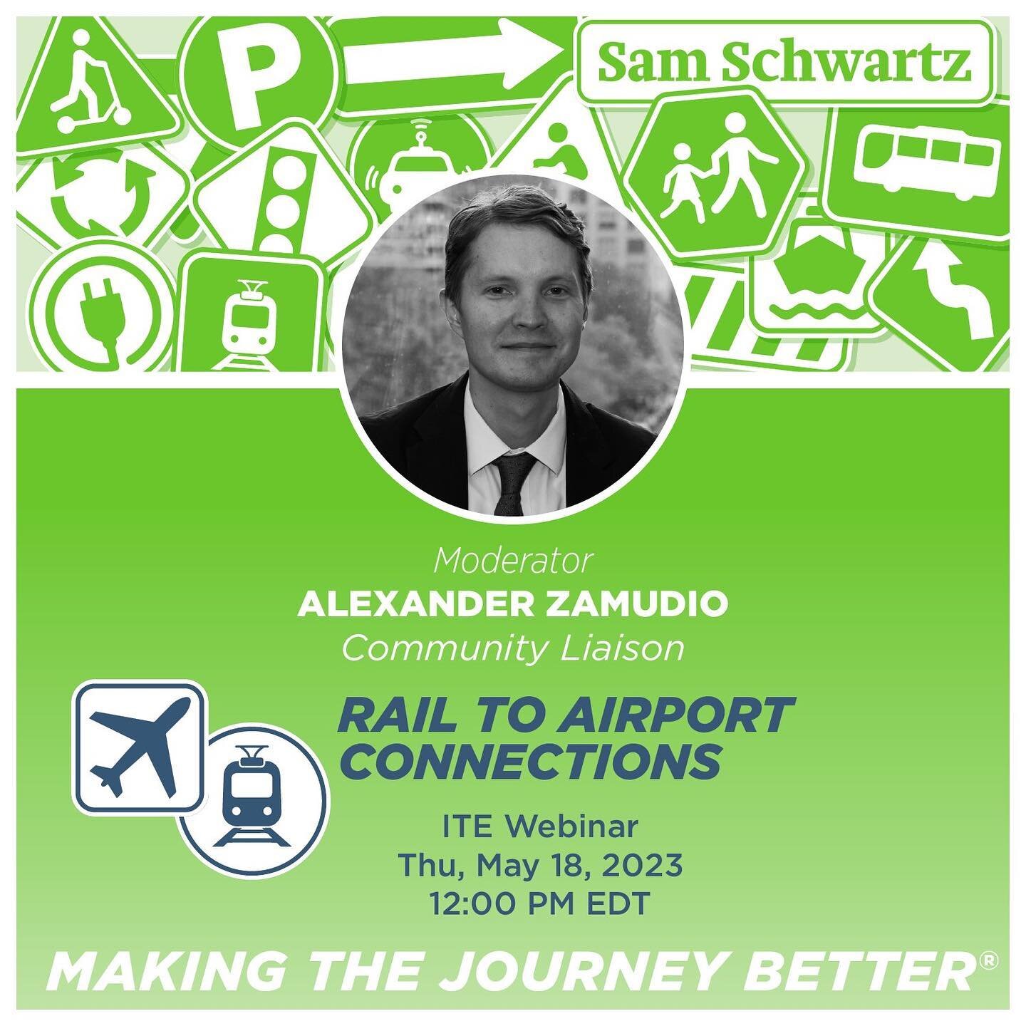 A train to the plane? 

Community Liaison Alexander Zamudio moderates this ITE webinar on how to study and implement airport rail systems. Register at the link in our bio.