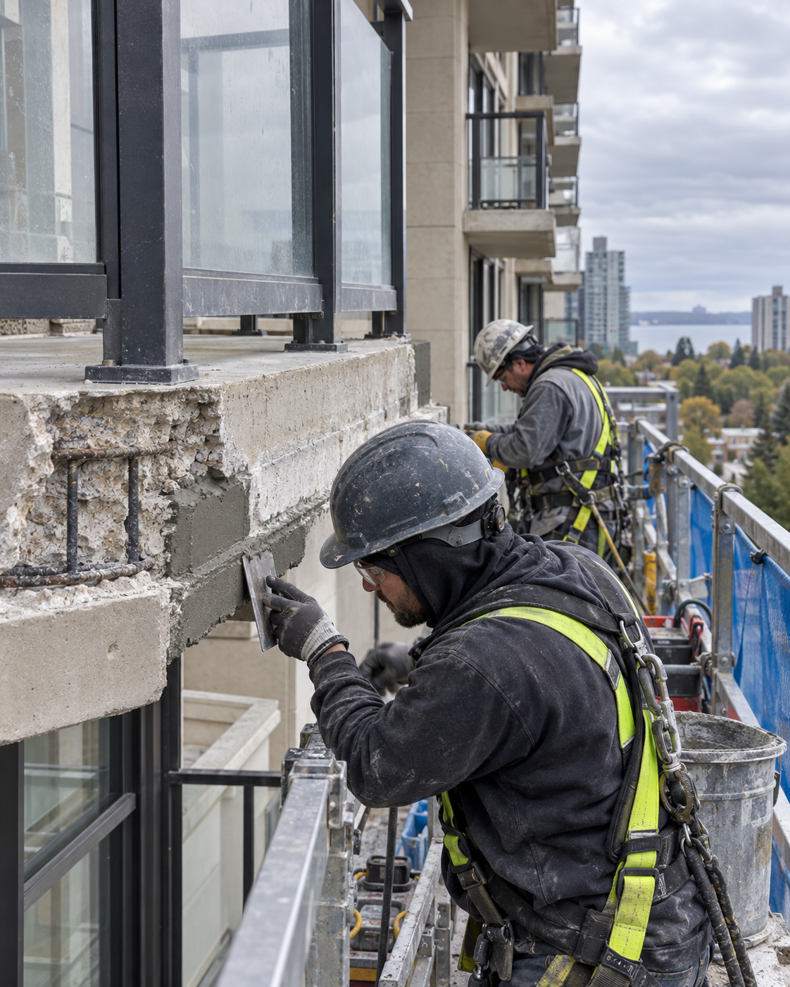 Illustration of balcony slab restoration by workers on suspended access
