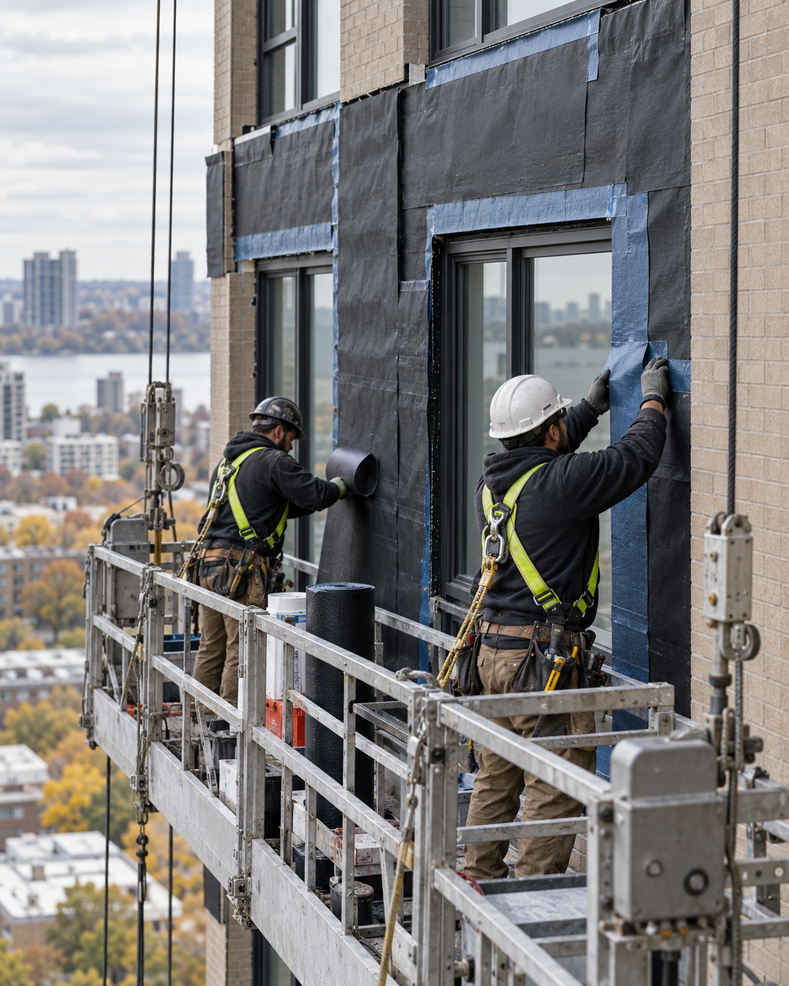 Illustration of workers repairing a building exterior envelope