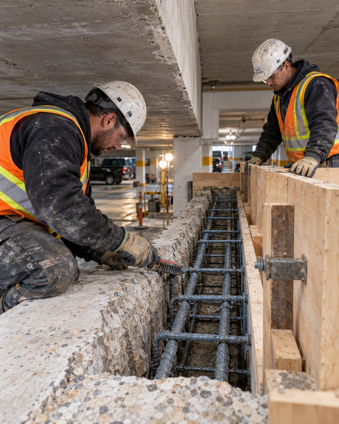 Illustration of concrete repair with exposed rebar, protective treatment and formwork