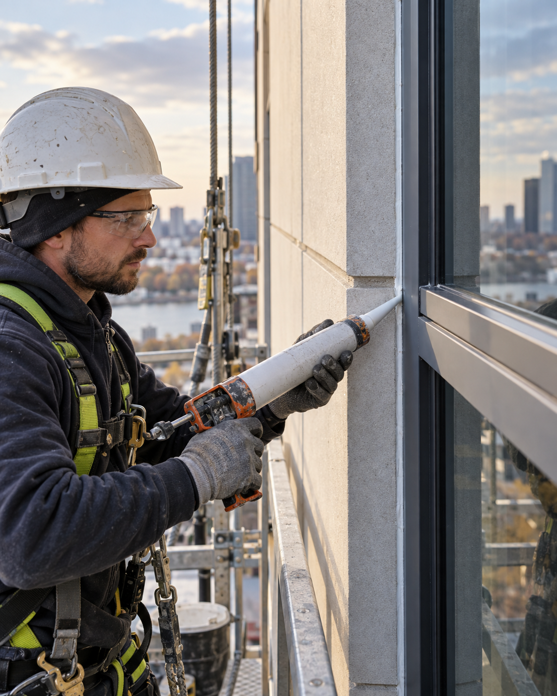 Illustration of a worker applying new sealant to exterior window joints
