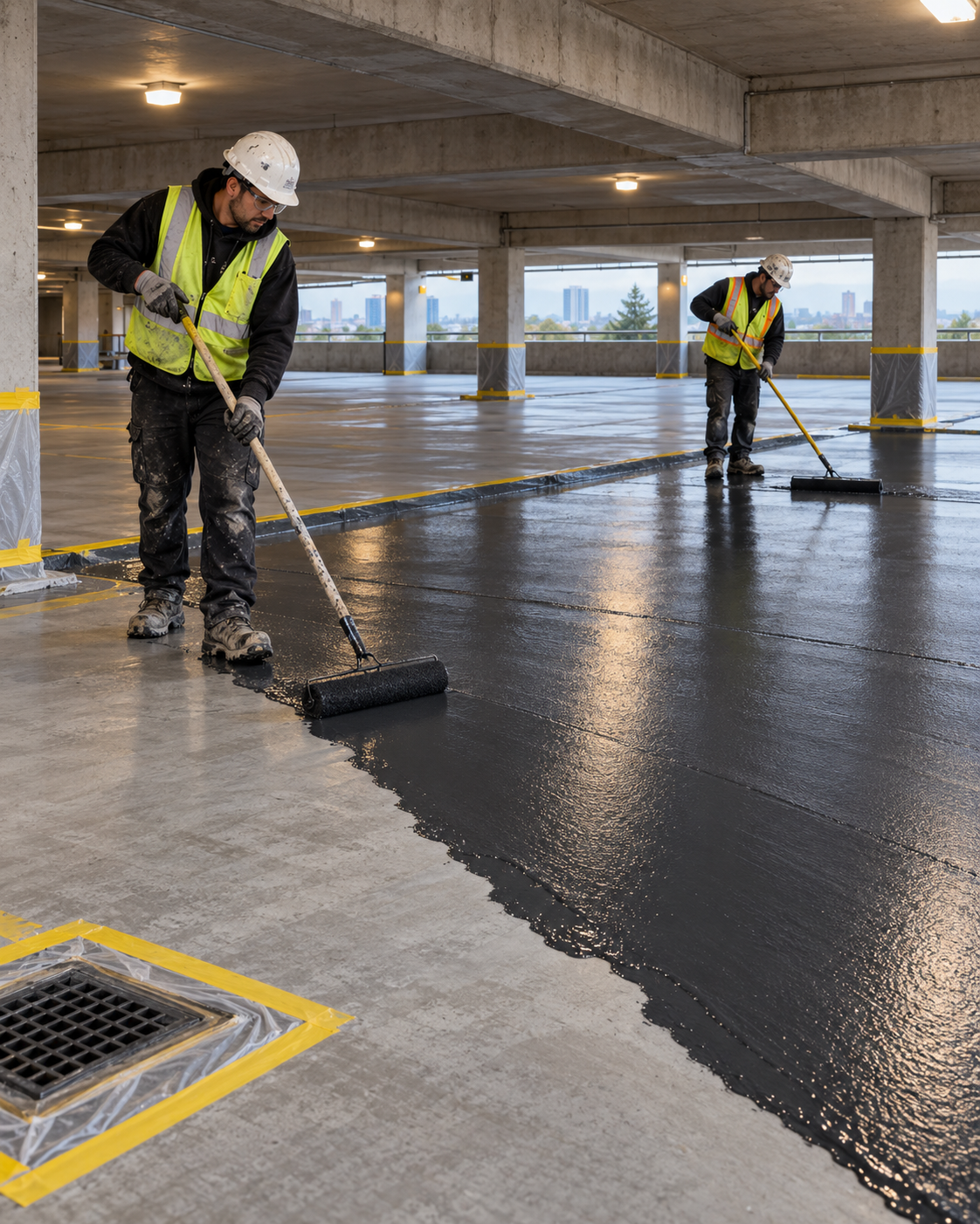 Illustration of a parking garage deck waterproofing application