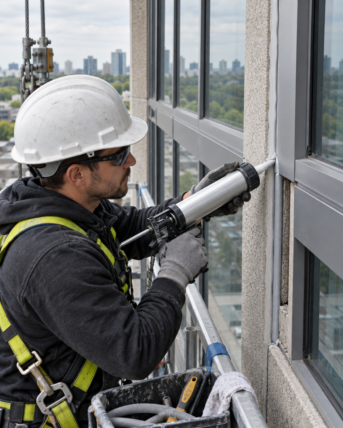 Illustration of a worker removing and replacing exterior window joint sealant