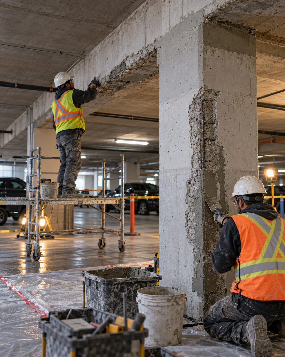 Illustration of workers repairing a parking garage concrete slab
