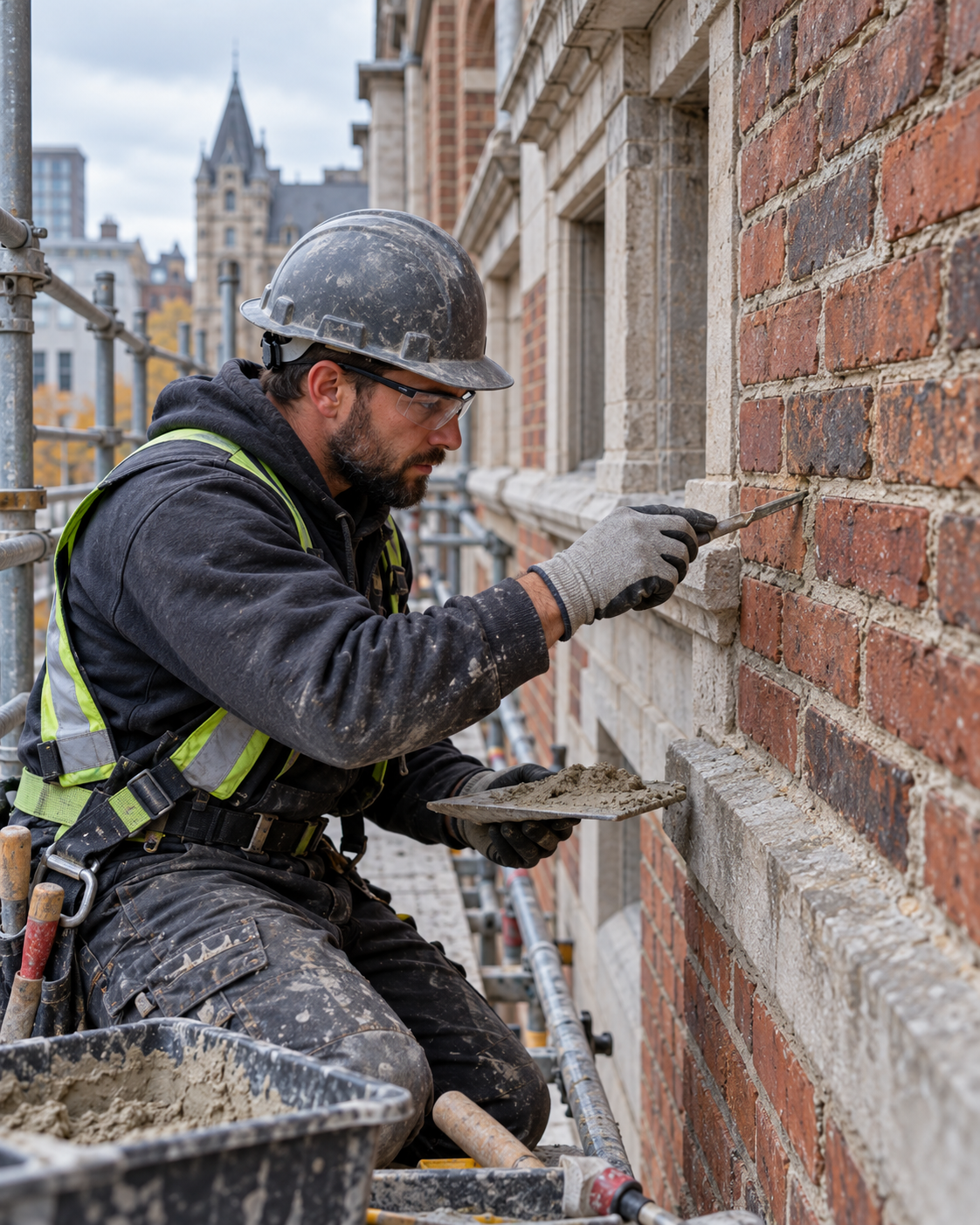 Illustration of brick masonry repair by a restoration worker