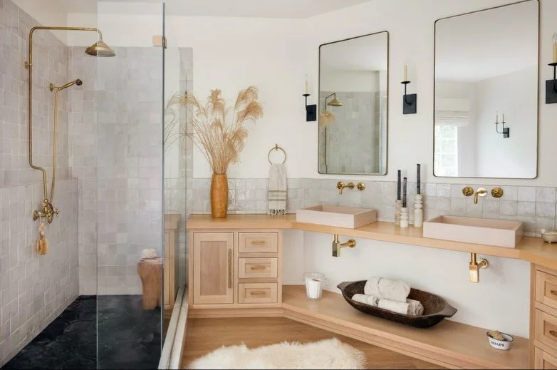 Revisiting one of my favorite primary bath projects - from 90s to clean, calm and earthy. Before and Afters. Design by @abbyguild I Photos by @katehorgan