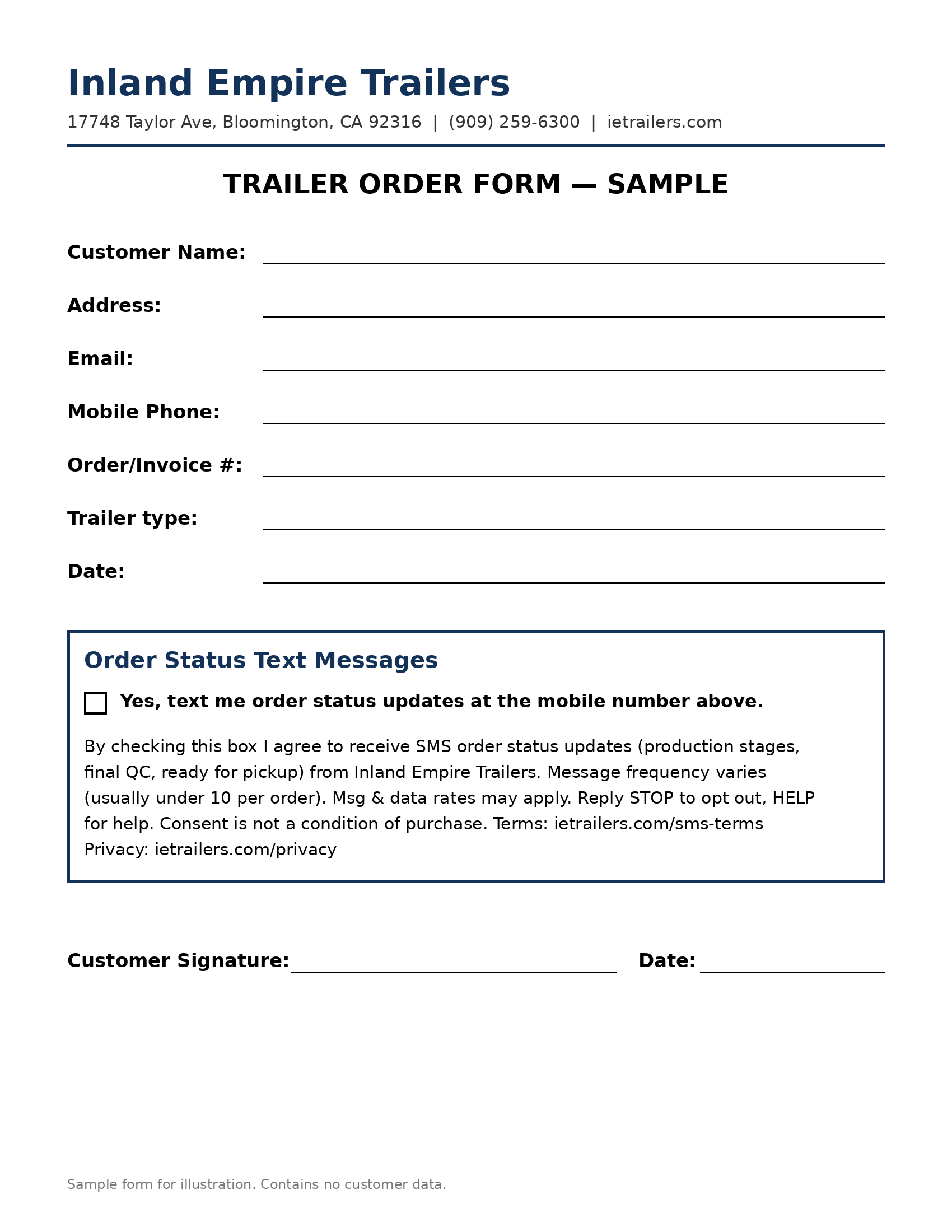 Sample IE Trailers order form showing SMS order status opt-in