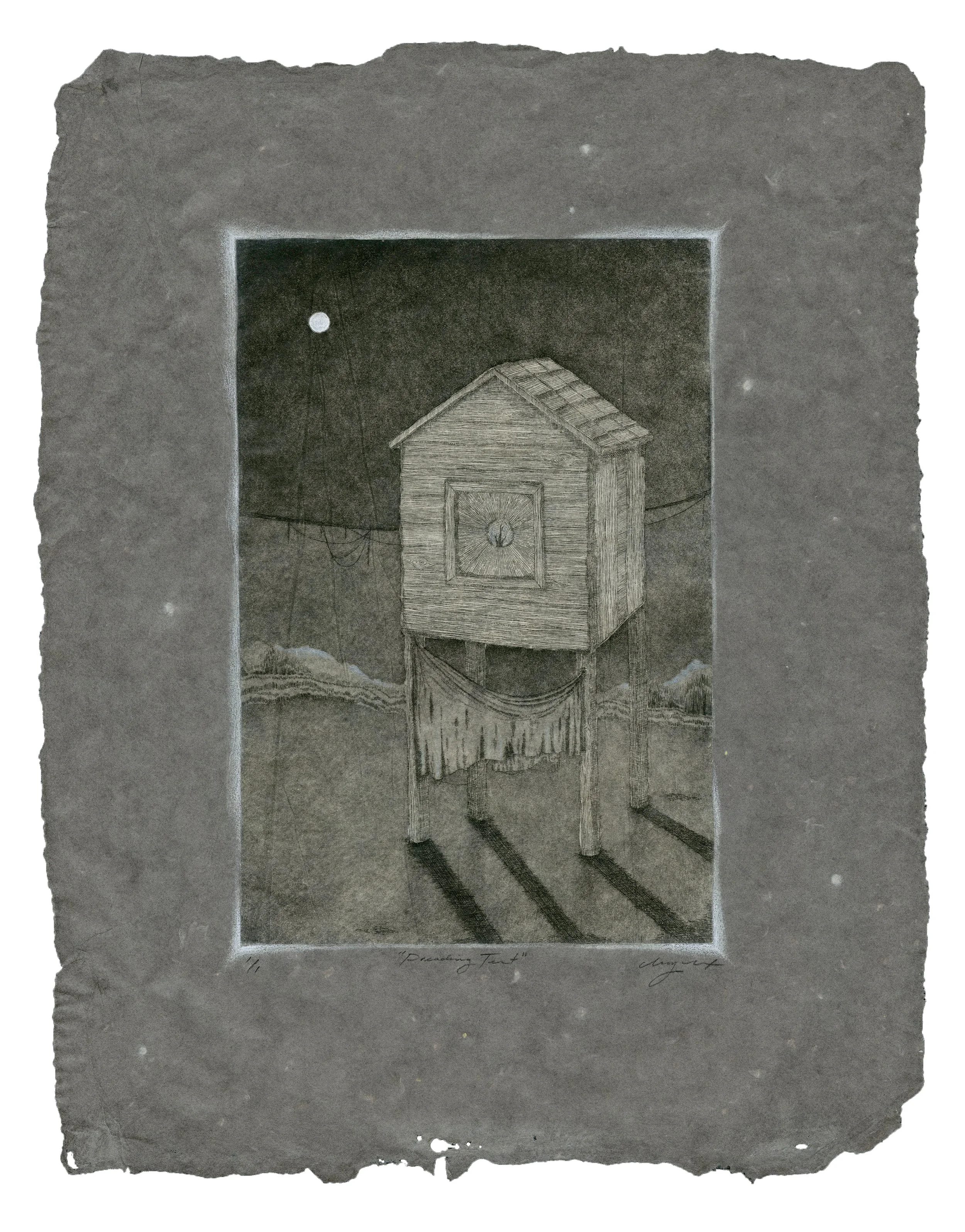   Preaching Tent   Intaglio, chine colle, pastel, colored pencil,&nbsp;handmade abaca paper  6 × 9 inches  2026 
