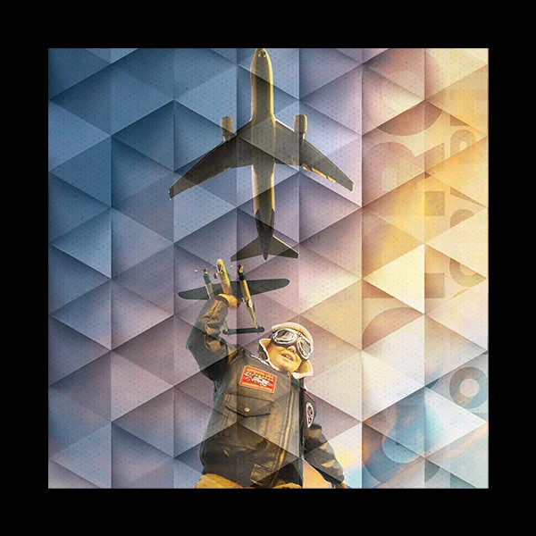 Tyler Jordan's geometric aviation artwork with a toy pilot beneath an aircraft