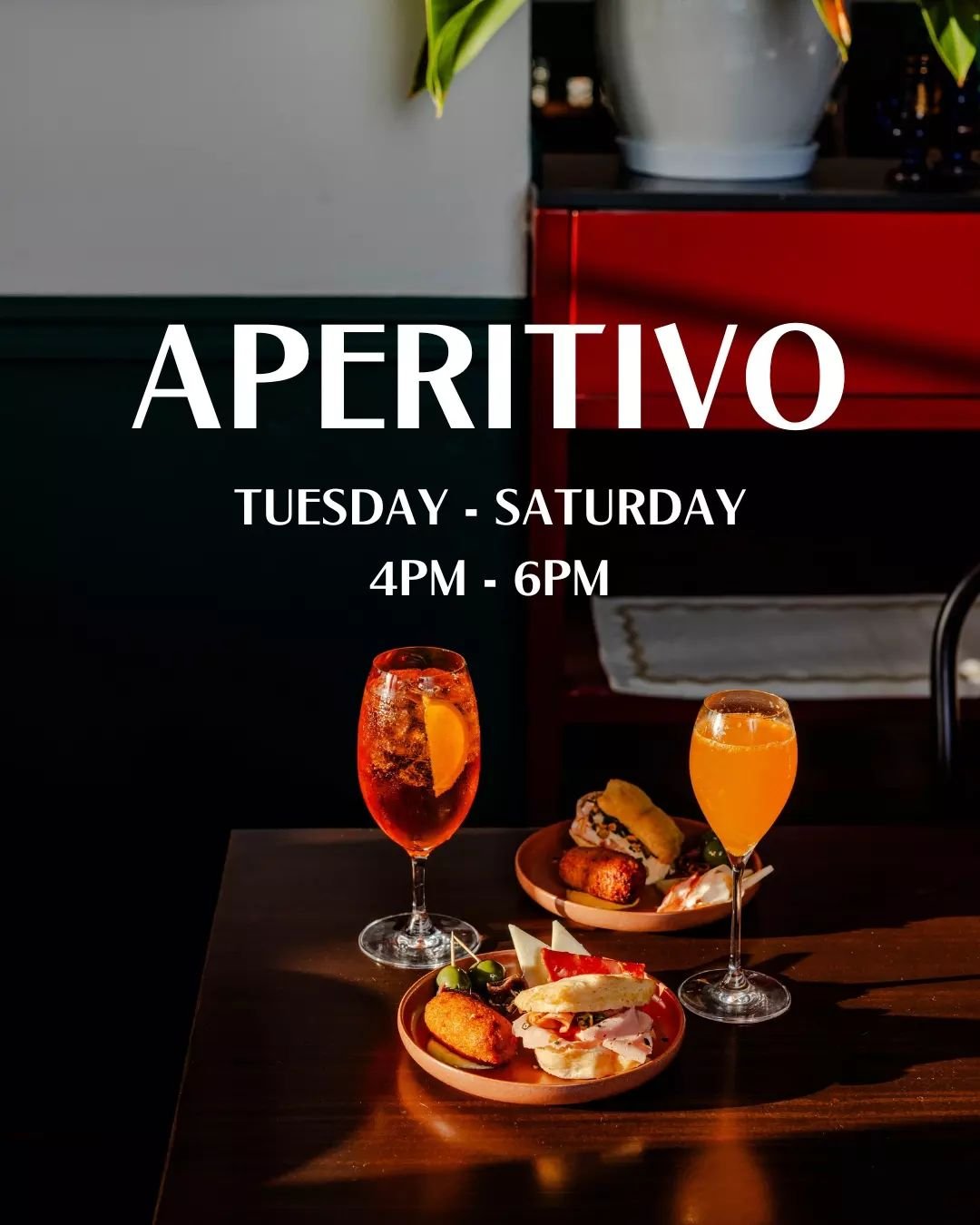 Aperitivo Ritorno!! Aperitivo is back, running Tuesday to Saturday 4pm - 6pm.

Literally meaning 'open' in Latin, Aperitivo is a pre-dinner Italian tradition to whet or open the appetite over delicious drinks, tasty snacks and great company 🍹🍹Booki