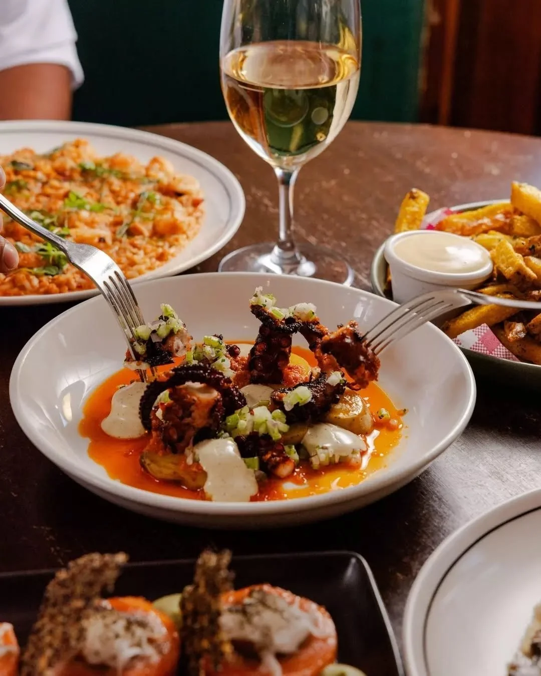 Crispy octopus, nduja, saffron potatoes, celery salsa and tarragon mayonnaise. You&rsquo;ll want the whole plate to yourself. 🐙