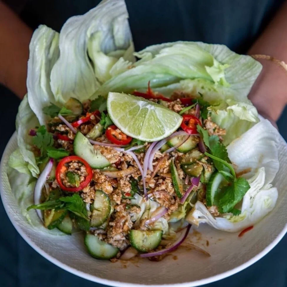 Chicken Larb, Spicy minced chicken w all the chillies, lemongrass, kaffir lime, hot &amp; sour dressing served with lettuce cups, finger lime &amp; fresh herbs. 🌶🌶🌶