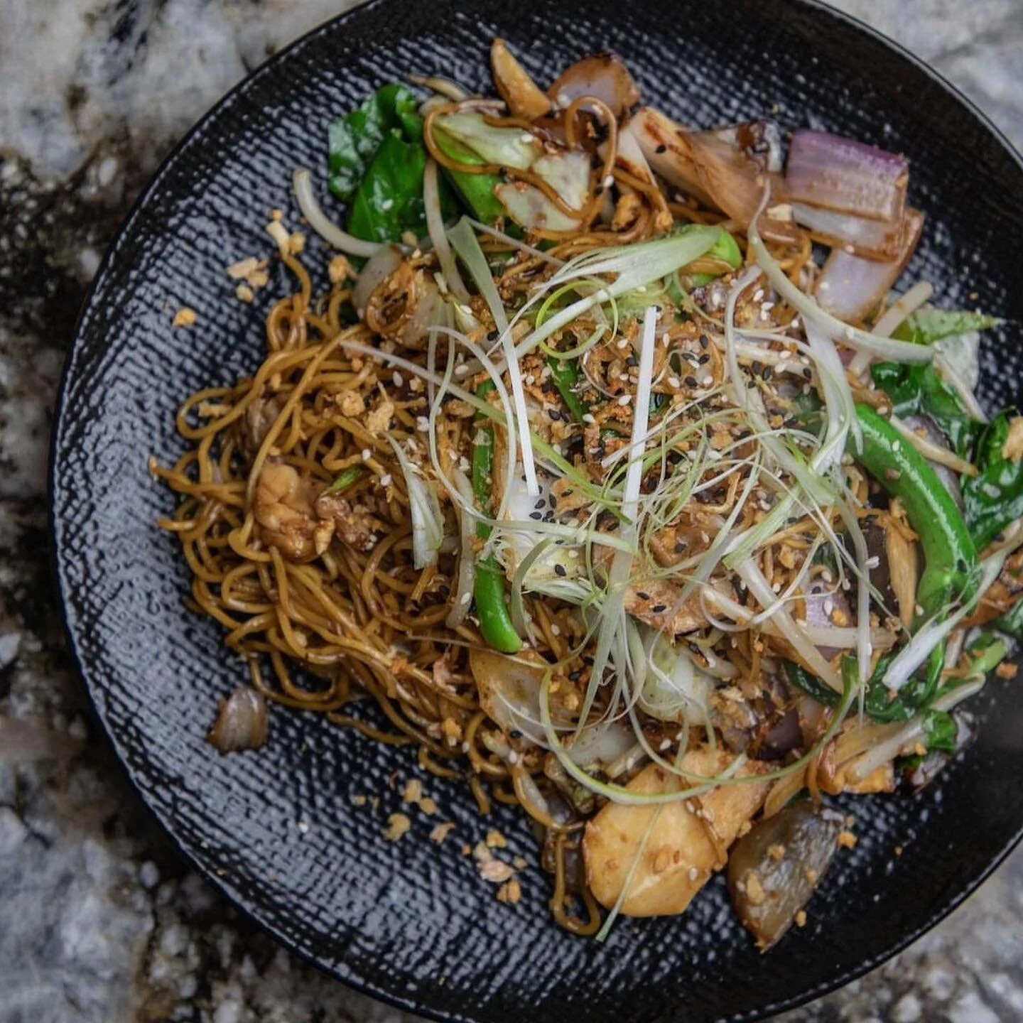 Chow Mein // Stir Fried egg noodles w king brown &amp; oyster mushrooms, assorted asian greens w special story fry sauce &amp; crispy garlic