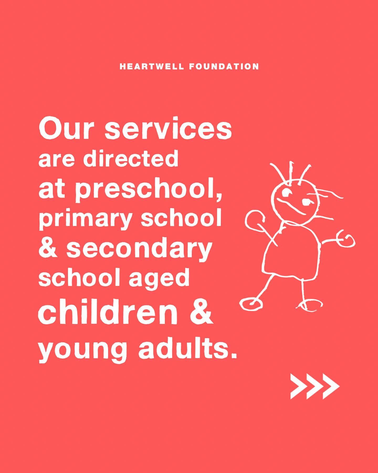Heartwell works with a diverse range of people. Our clients have ranged in age from three-years-old to over seventy!

❣️

Image description 1:
In white text over pale red background: &ldquo;Our services are directed at preschool, primary school &amp;