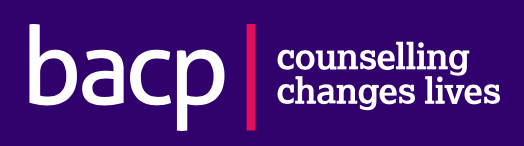 BACP logo with purple background, white lowercase letters, pink vertical line, and tagline 'counselling changes lives'