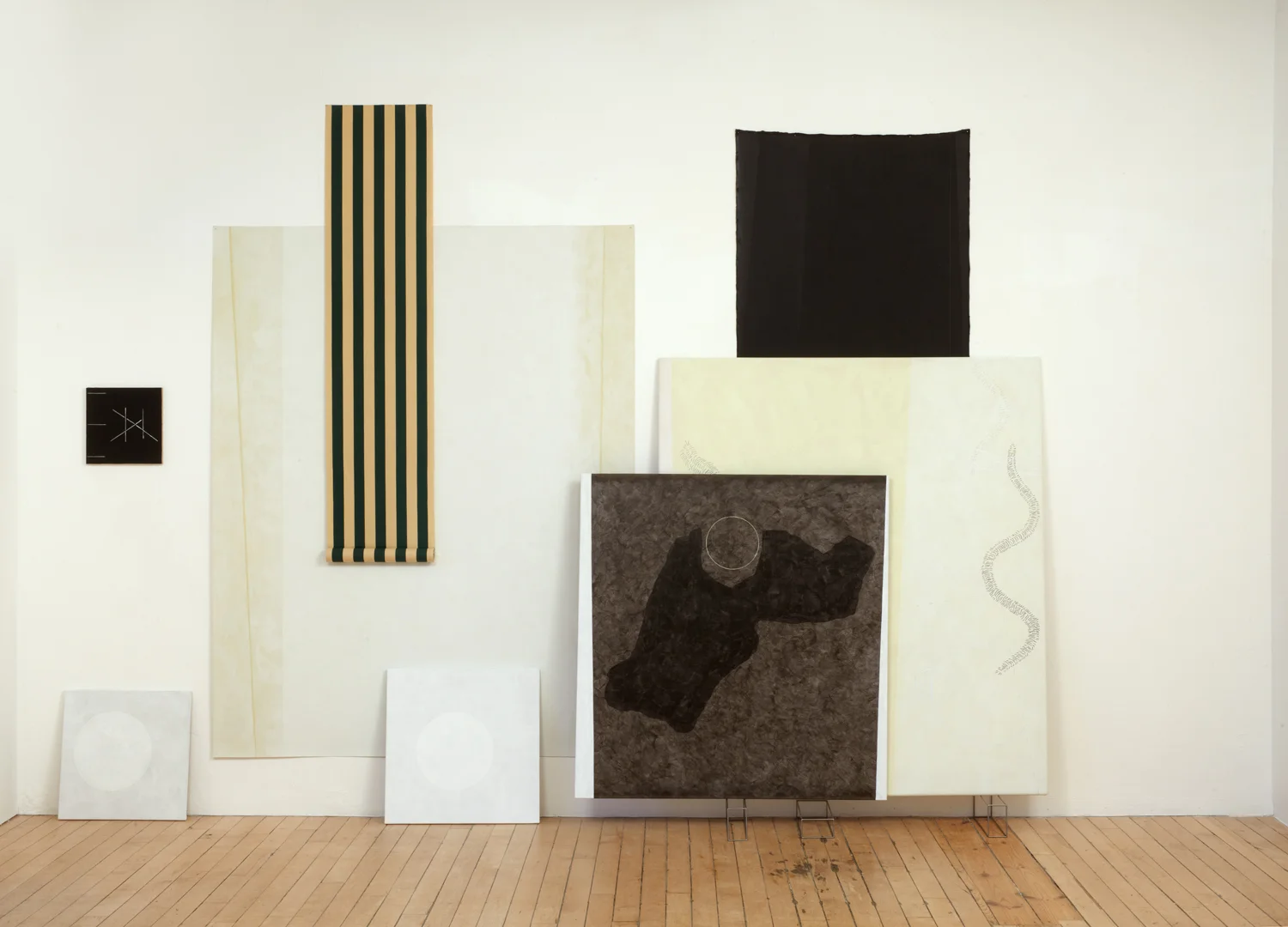   Flutter by butterfly , 2010/2012  Acrylic paint, chalk and pencil on cotton, linen and found cotton material, 3 metal supports and 2 metal clips, 11 part work: 1. 172cm x 154cm, 2. 128cm x 122cm, 3. 61cm x 61cm, 4. 50.5cm x 50.5cm, 5. 231cm x 93cm,