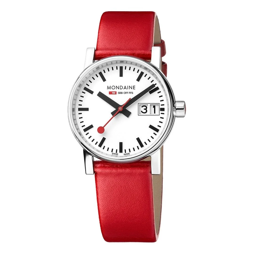 Mondaine evo2 30mm, date and time, red grape leather strap. MSE30210LCV
