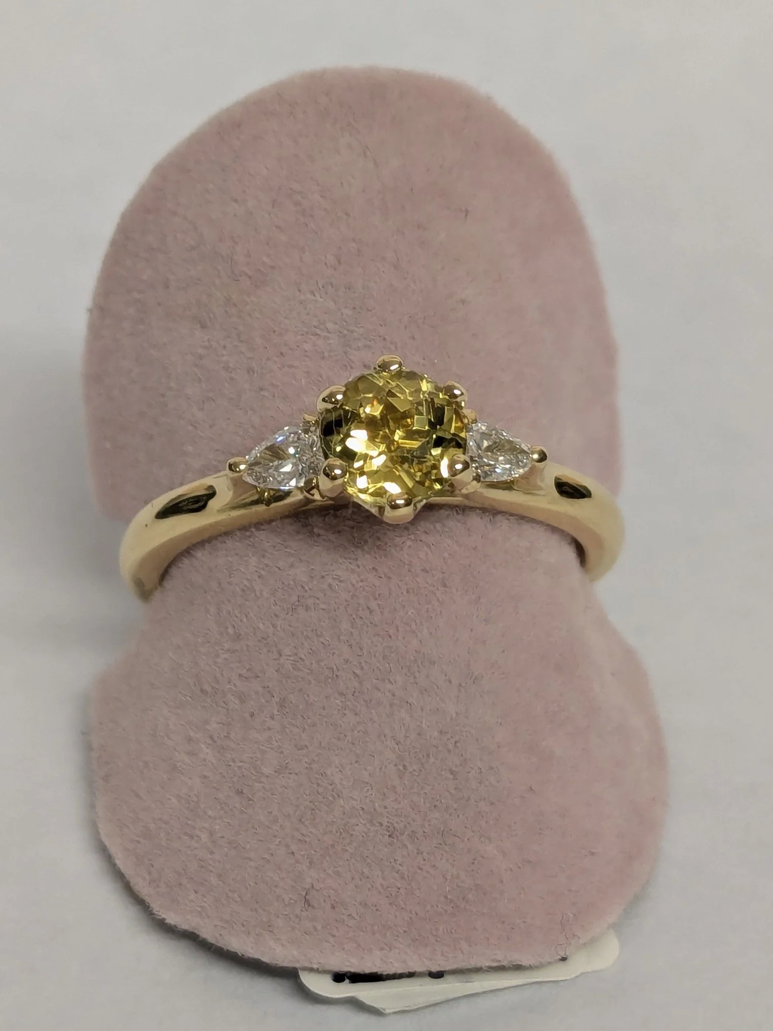RC2012 18ct Yellow Gold, Natural Yellow Sapphire and Diamond Trilogy Ring Size Q
