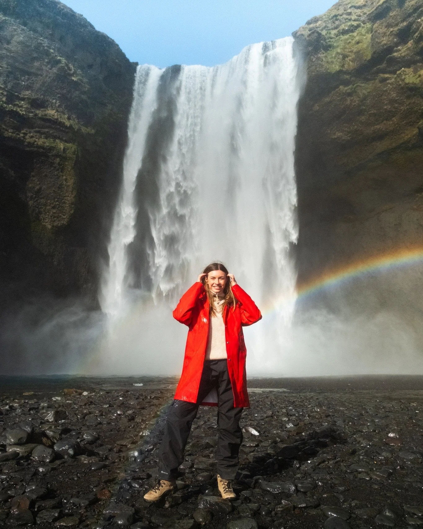 Caught between a waterfall and a rainbow &ndash; and still dry.
 #reykjavik #reykjavikraincoats #iceland #rain