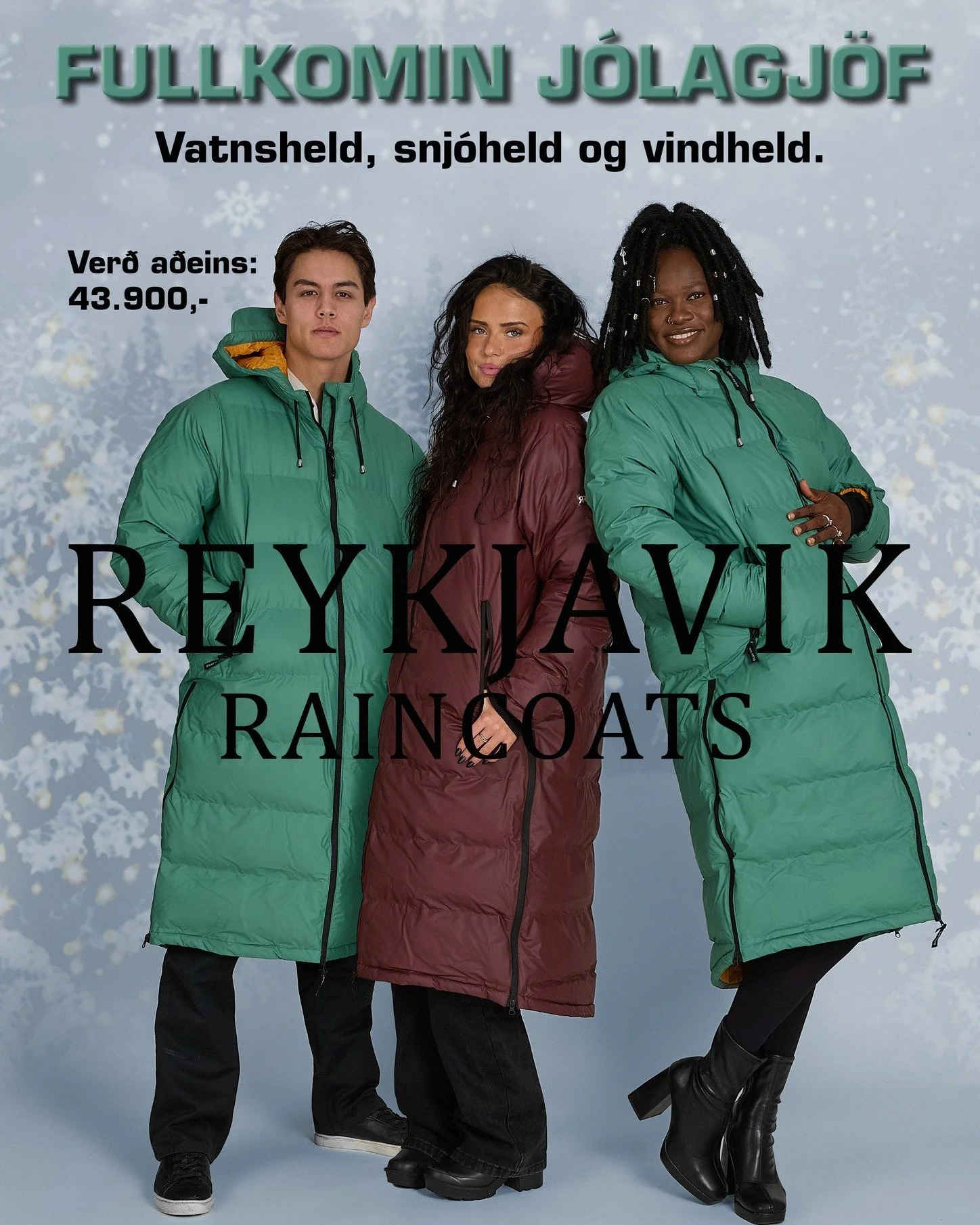 Fullkomin j&oacute;lagj&ouml;f fyrir hann og hana, vatnsheld, snj&oacute;held og vindheld slyddu-&uacute;lpa fyrir allar &aacute;rst&iacute;&eth;ir. 
#reykjavikraincoats #rain #iceland #justaddwater #icelandicdesign
