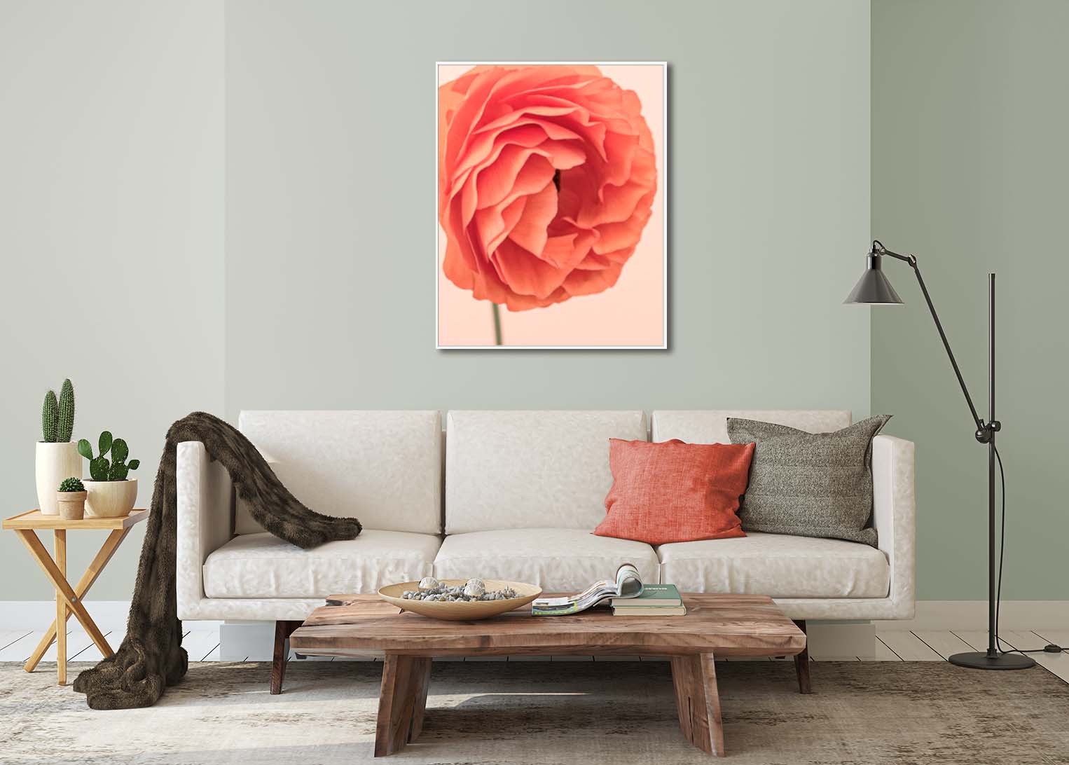 Limited edtiion photographic print of an orange ranunculus by fine art photographer Paul Coghlin. Shown in a room setting