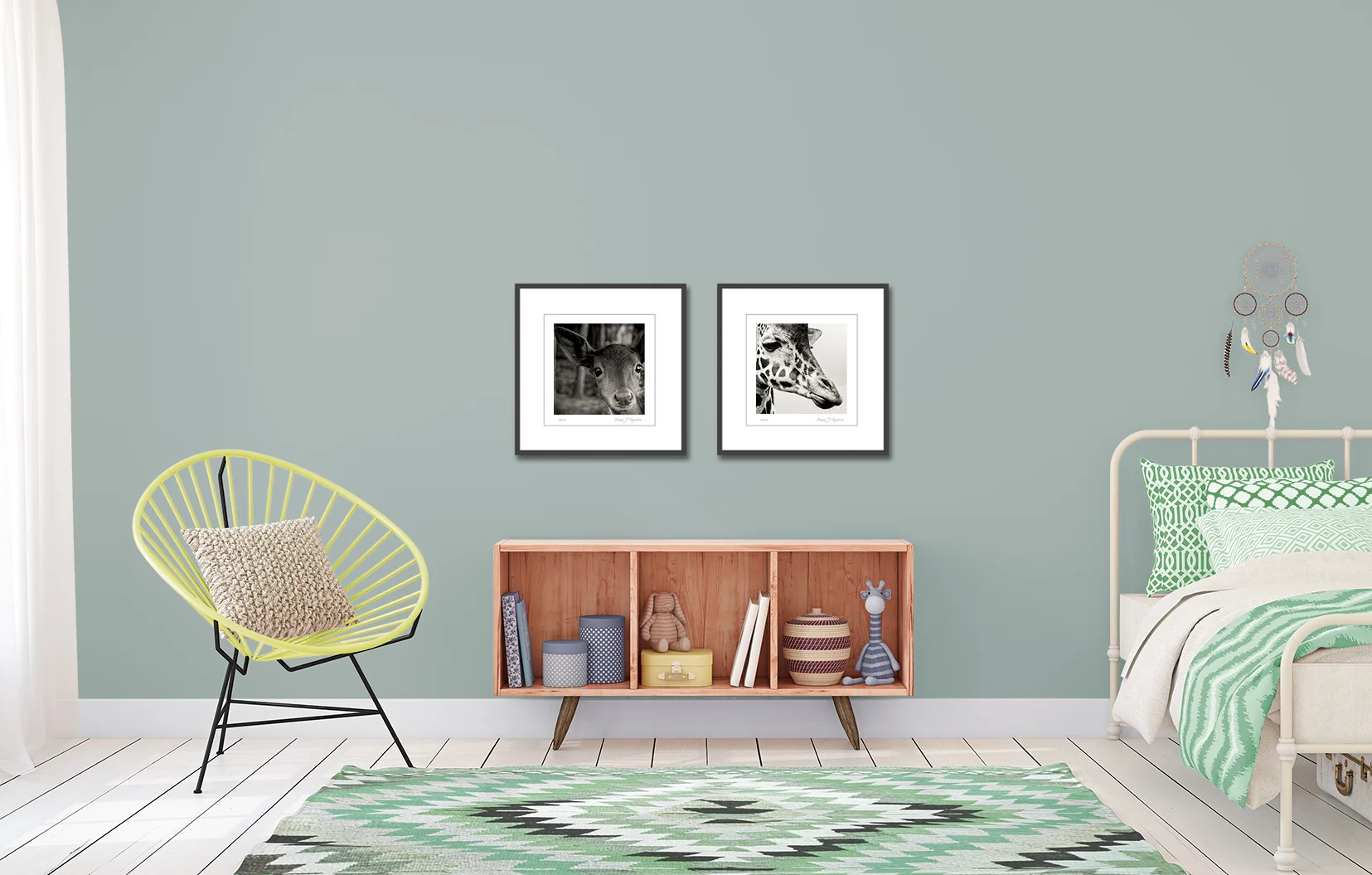 Potrait of a fawn and a giraffe. Limited edtion photographic prints of animals in black and white, by fine art photographer Paul Coghlin.