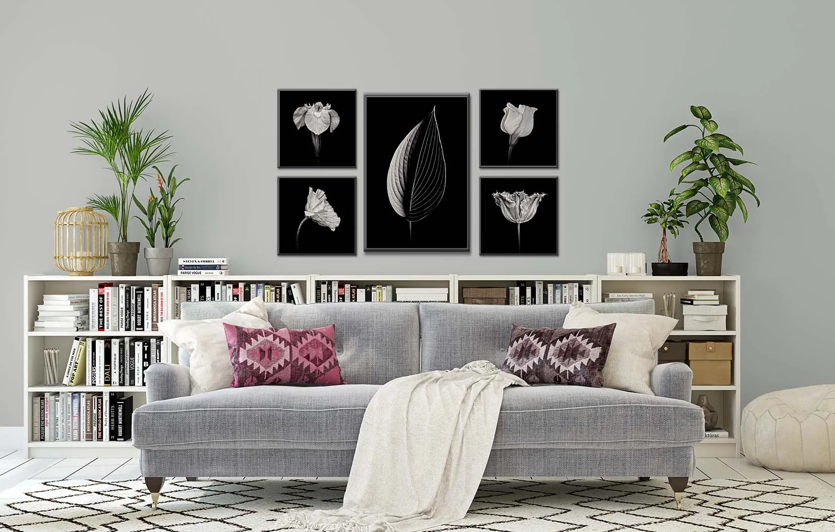 Black and white photographs of flowers and a hosta leaf shown framed and on the wall.