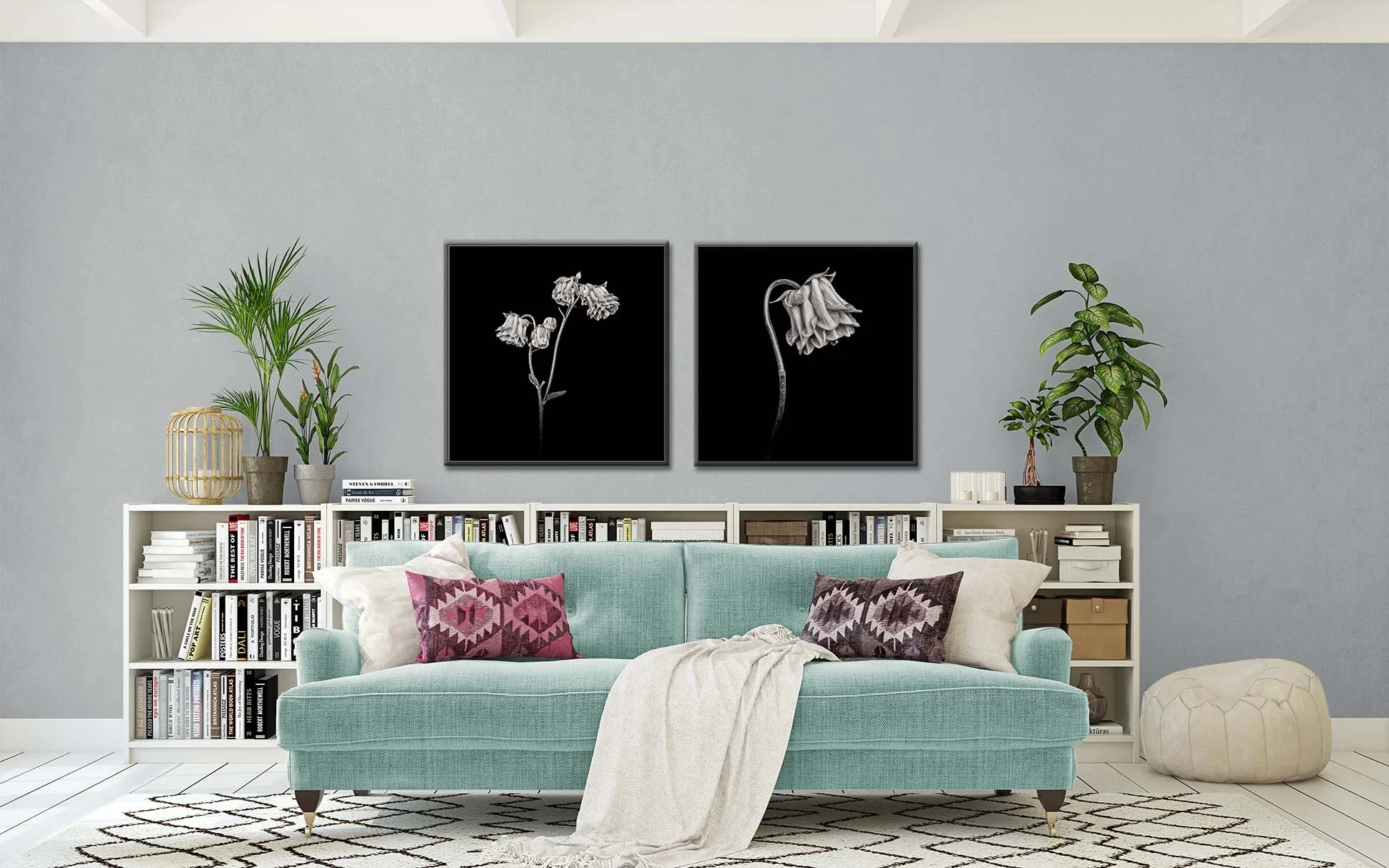 Two black and white, limited edition prints of pink columbine by fine art photographer Paul Coghlin.