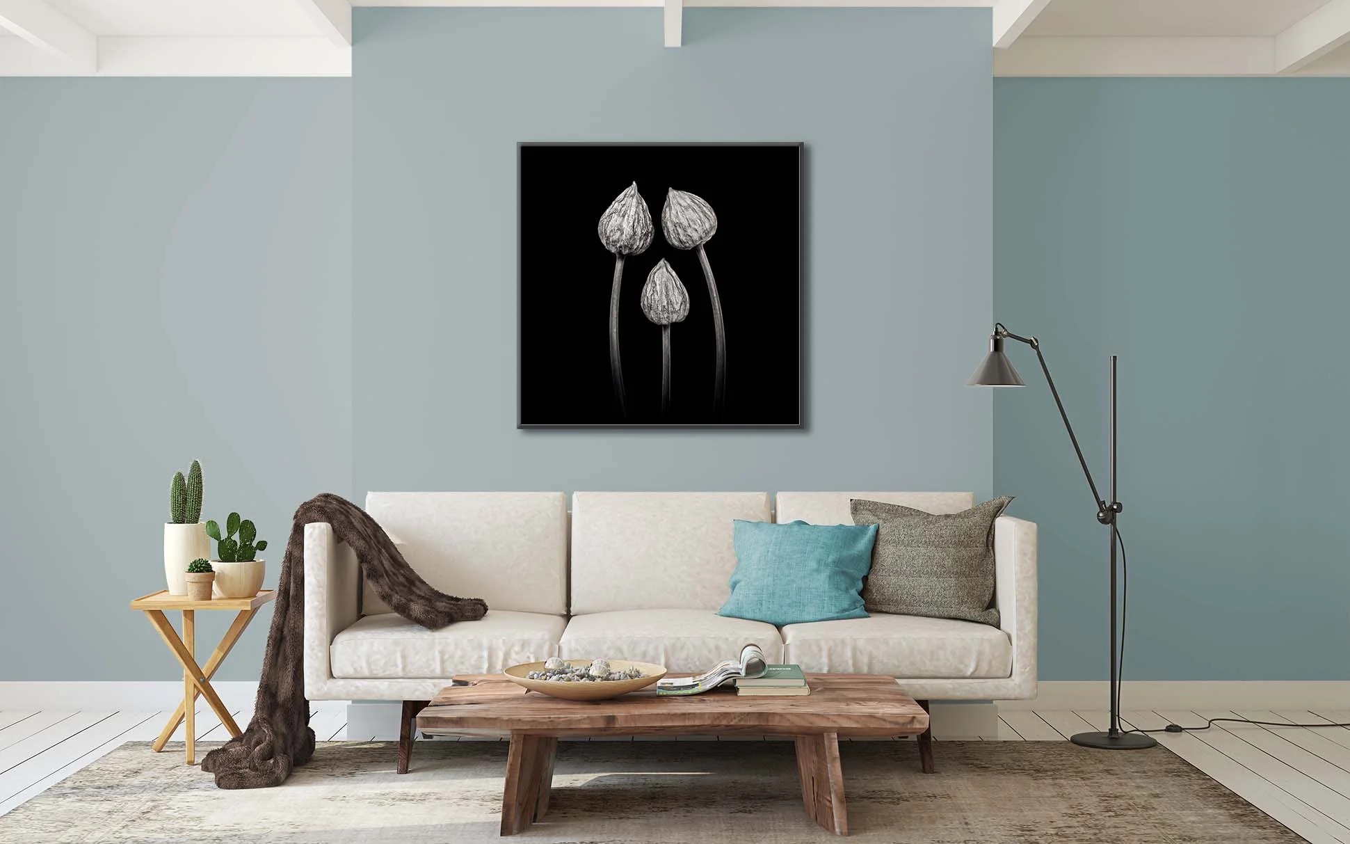 Black and white limited edition print of three chive flowers in bud by fine art photographer Paul Coghlin.