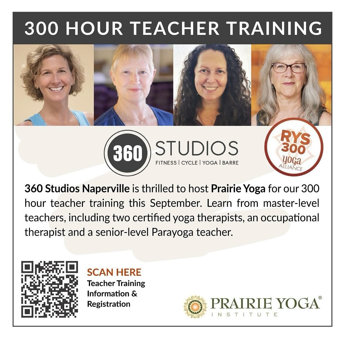 300 hour Yoga Teacher training starts in September.

@360studiosnaperville  is honored to host @prairieyoga for our 300 -hour teacher training

Learn from master level teachers, including two certified yoga therapist, an occupational therapist, and a