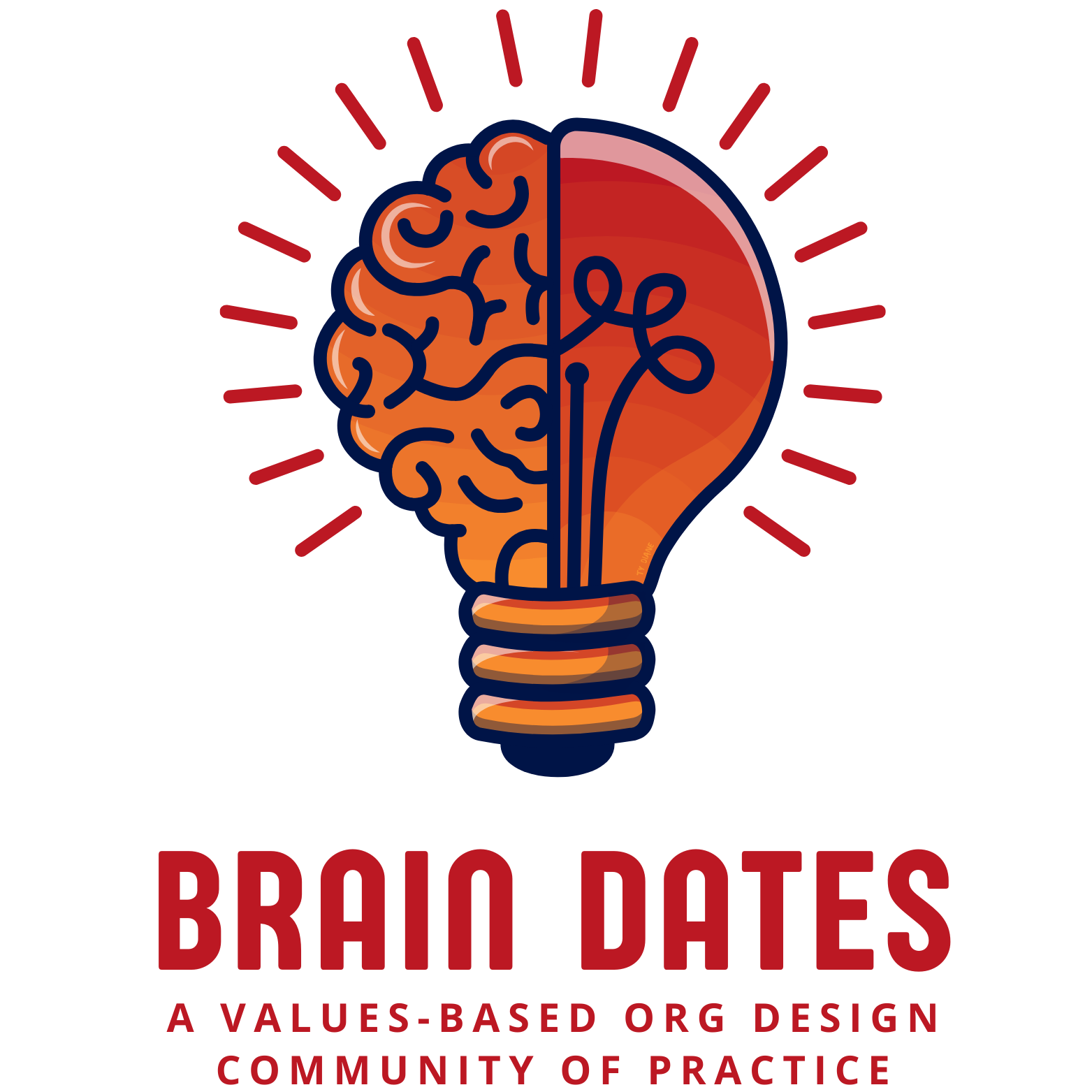 Illustration of a brain inside a light bulb with text 'BRAIN DATES' and 'A VALUES-BASED ORG DESIGN COMMUNITY OF PRACTICE' below.
