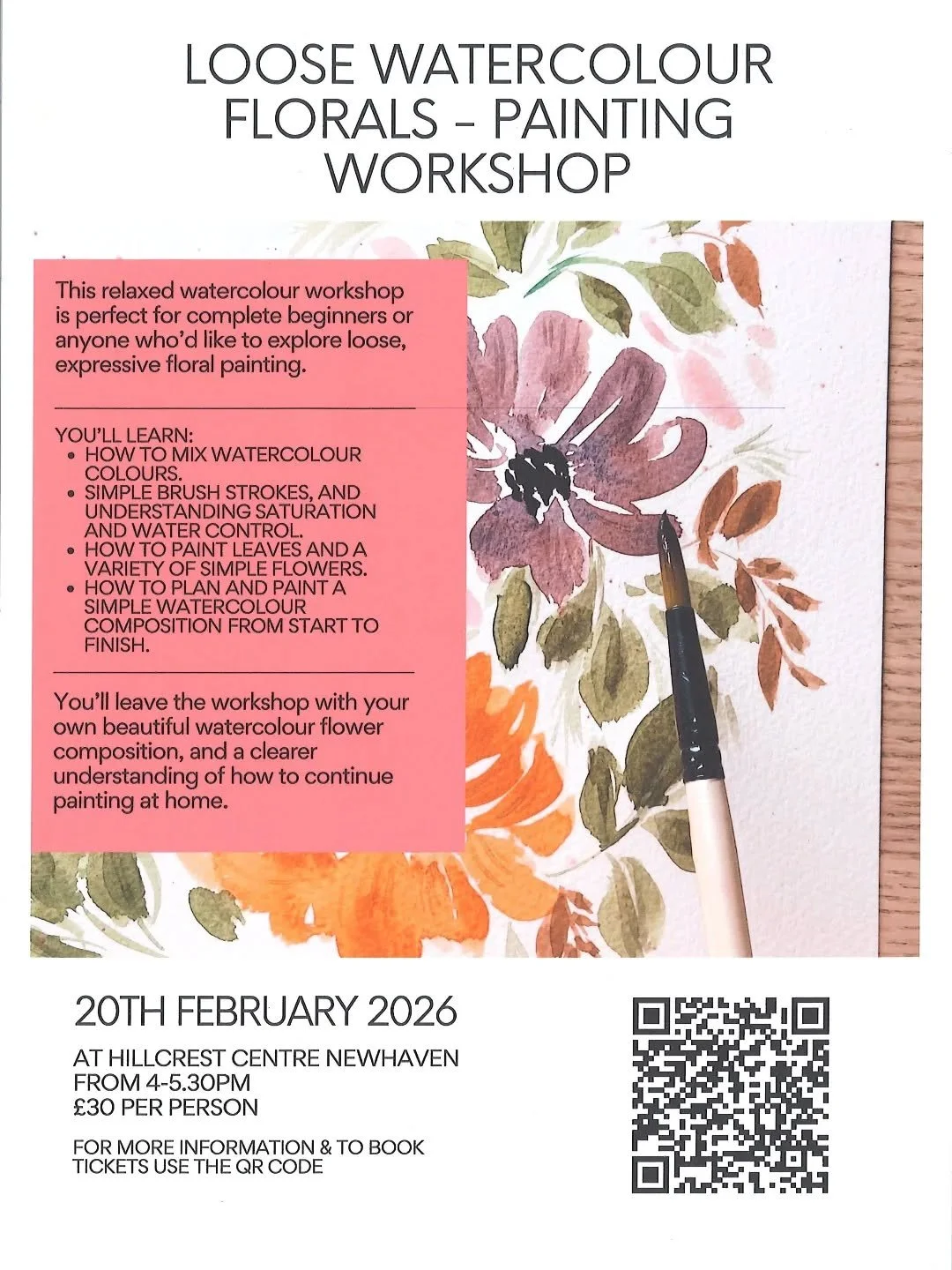 We are pleased to announce a relaxing Floral Watercolours evening at The Hillcrest Centre on the 20th February 4pm to 5.30pm.

#hillcrestcommunitycentre
#whatsonnewhaven #watercolour #watercolourpaintings #floralwatercolours