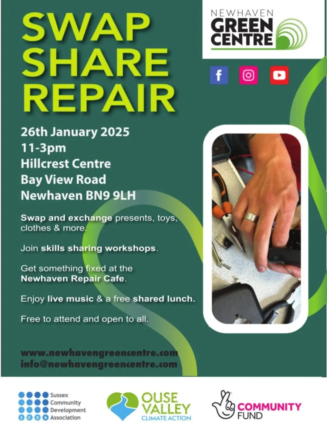 Newhaven Green Centre will be hosting another Swap Share Repair event at The Hillcrest Centre on Sunday 1st February 11am - 3pm 

Free to attend and open to all 

#hillcrestcommunitycentre #whatsonnewhaven #whatsoneastsussex #swapsharerepair #newhave