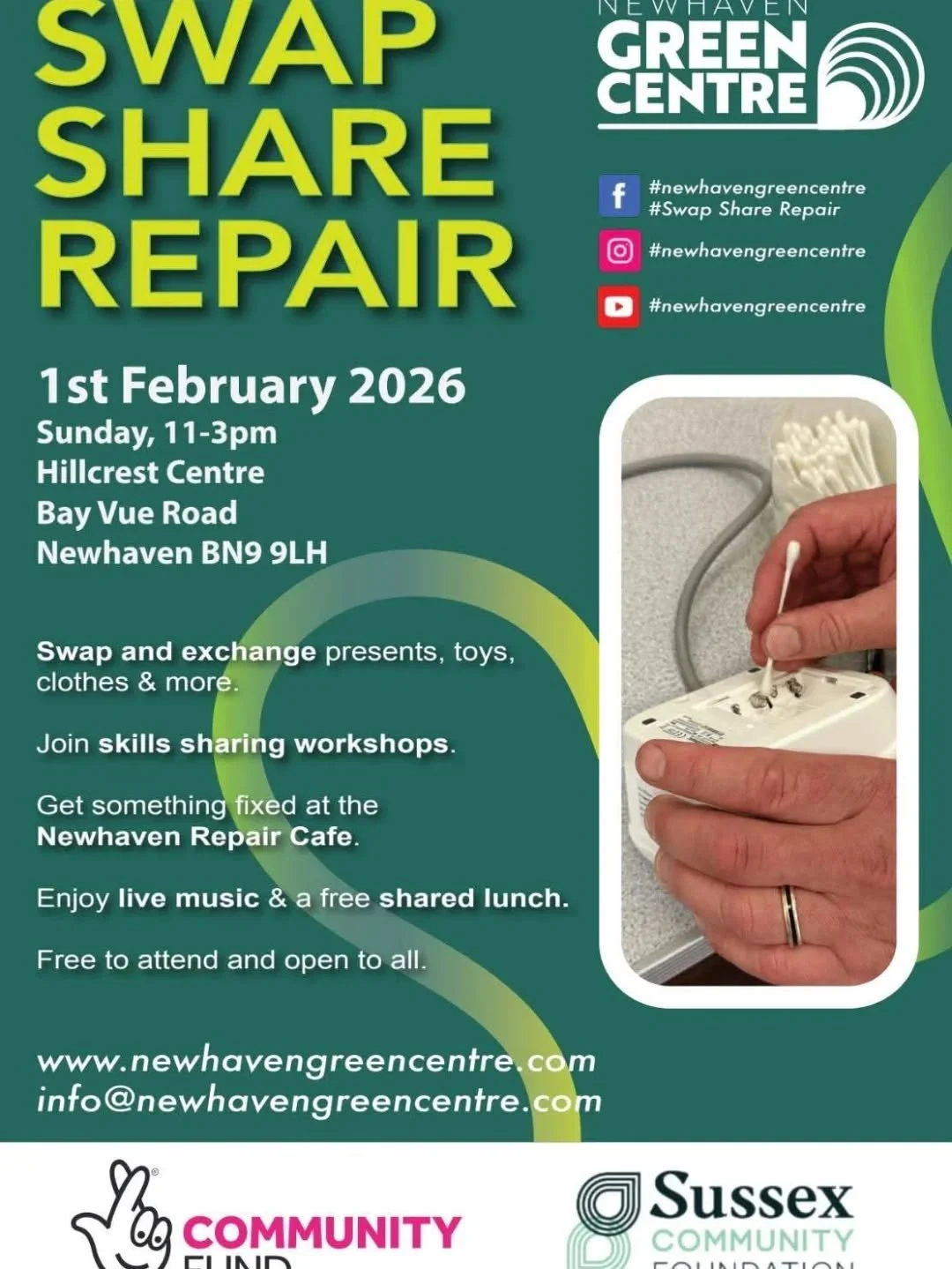 Newhaven Green Centre will be hosting another Swap Share Repair event at The Hillcrest Centre on Sunday 1st February 11am - 3pm 

Free to attend and open to all 

#hillcrestcommunitycentre #whatsonnewhaven #whatsoneastsussex #swapsharerepair #newhave