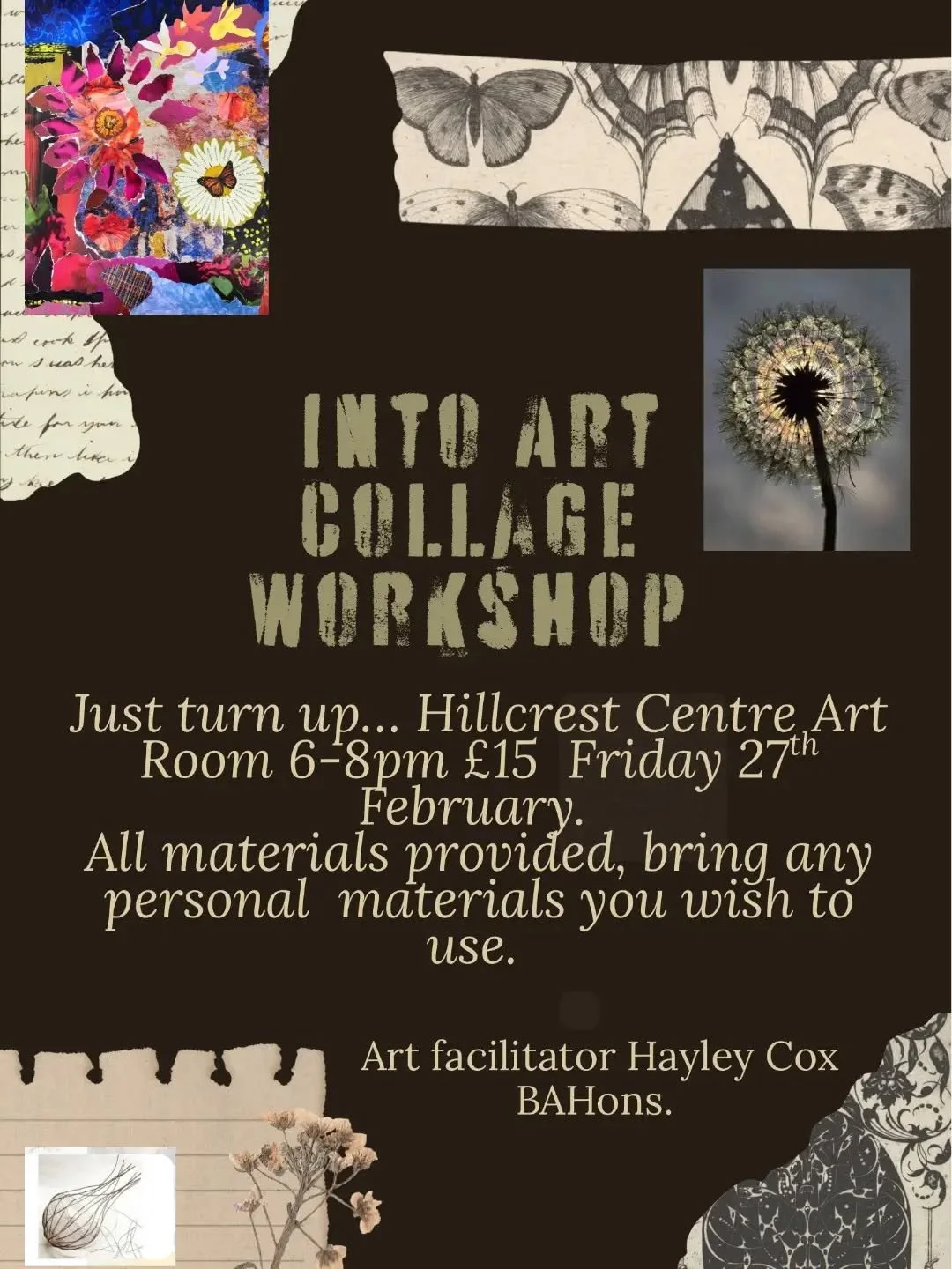 Join Hayley for an evening workshop on collaging. All materials are provided, or you may bring any personal materials you wish to use.
No booking necessary 
&pound;15.00 pp

#hillcrestcommunitycentre #whatsonnewhaven #whatsoneastsussex #artclasses #a