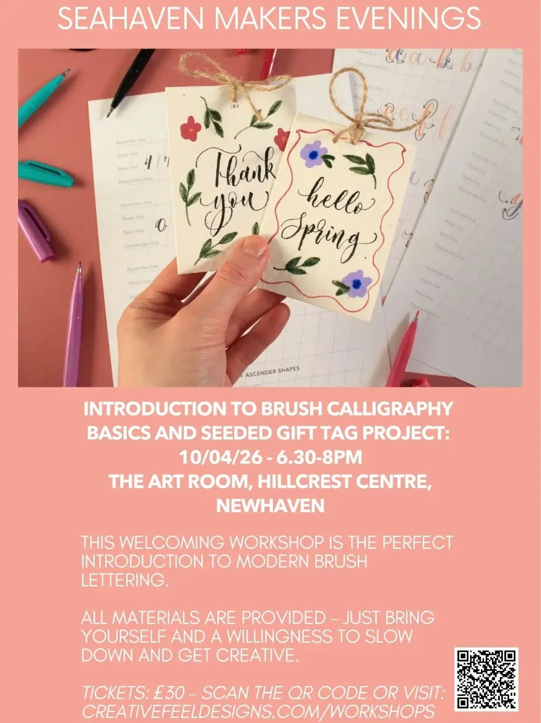 An introduction to brush calligraphy and seeded gift tag project. 
This welcoming workshop is the perfect introduction to modern brush letting 
All materials provided 
&pound;30pp

To book visit 
www.Creativefeeldesigns.com/workshops

#hillcrestcommu