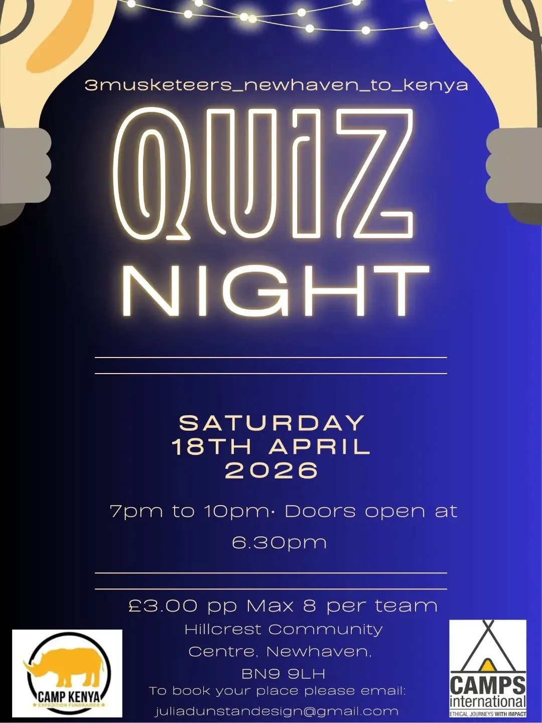 Come and test your knowledge at the next Quiz Night at The Hillcrest Centre 
Saturday 18th April 
7pm - 10pm 
Doors open at 6.30pm 

Only &pound;3.00 pp 
Max 8 per team 

To book contact: 
Juliadunstandesign@gmail.com 

#hillcrestcommunitycentre #wha