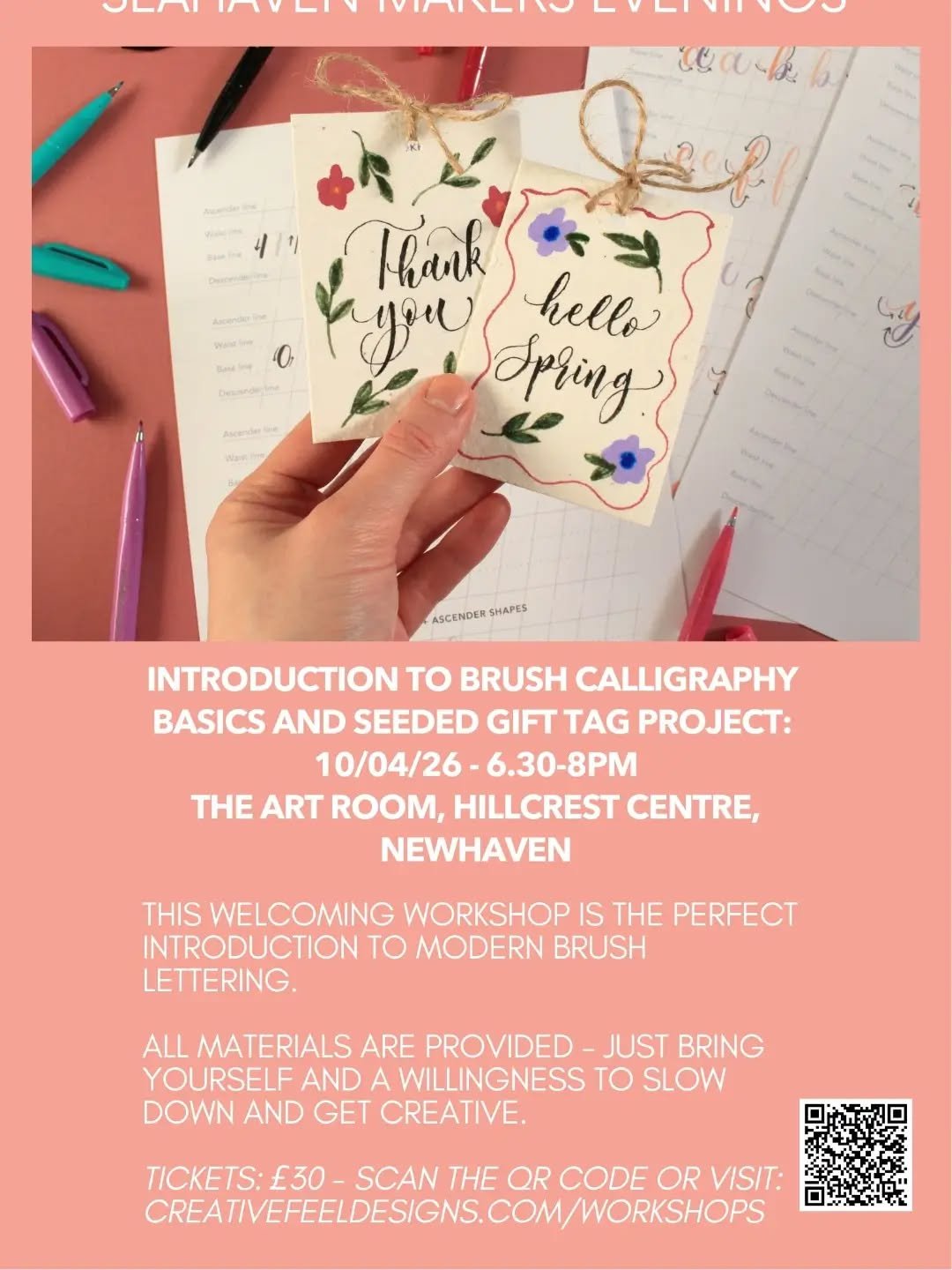 An introduction to brush calligraphy and seeded gift tag project. 
This welcoming workshop is the perfect introduction to modern brush letting 
All materials provided 
&pound;30pp

#hillcrestcommunitycentre #whatsonnewhaven #whatsoneastsussex #callig