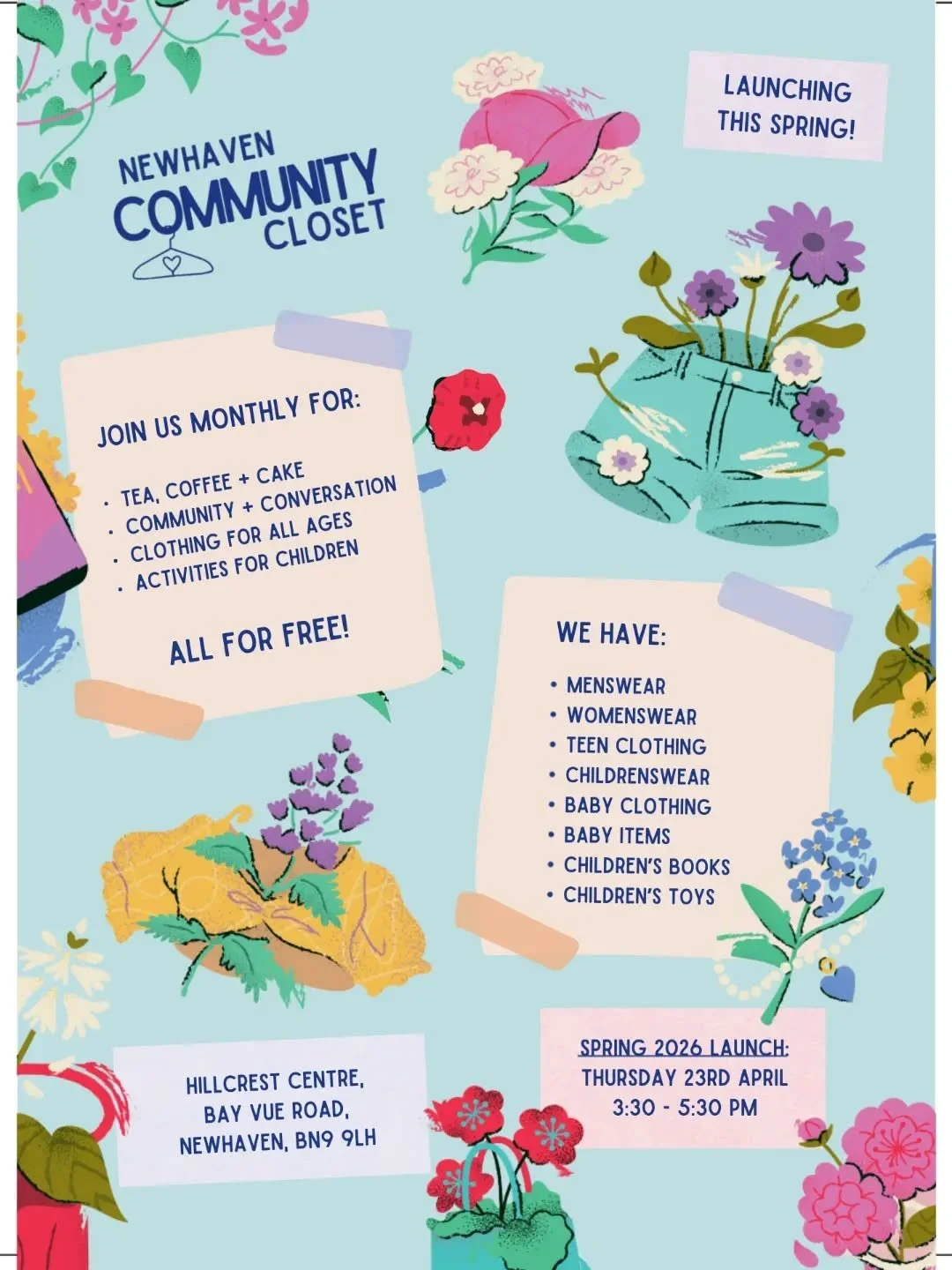 Come along to Newhaven Community Closet at the Hillcrest Centre this Thursday 23rd April 
3.30pm -5.30pm 

All types of clothing for all ages - Free!! 

#hillcrestcommunitycentre #whatsonnewhaven #whatsoneastsussex #communitycloset #freeclothes