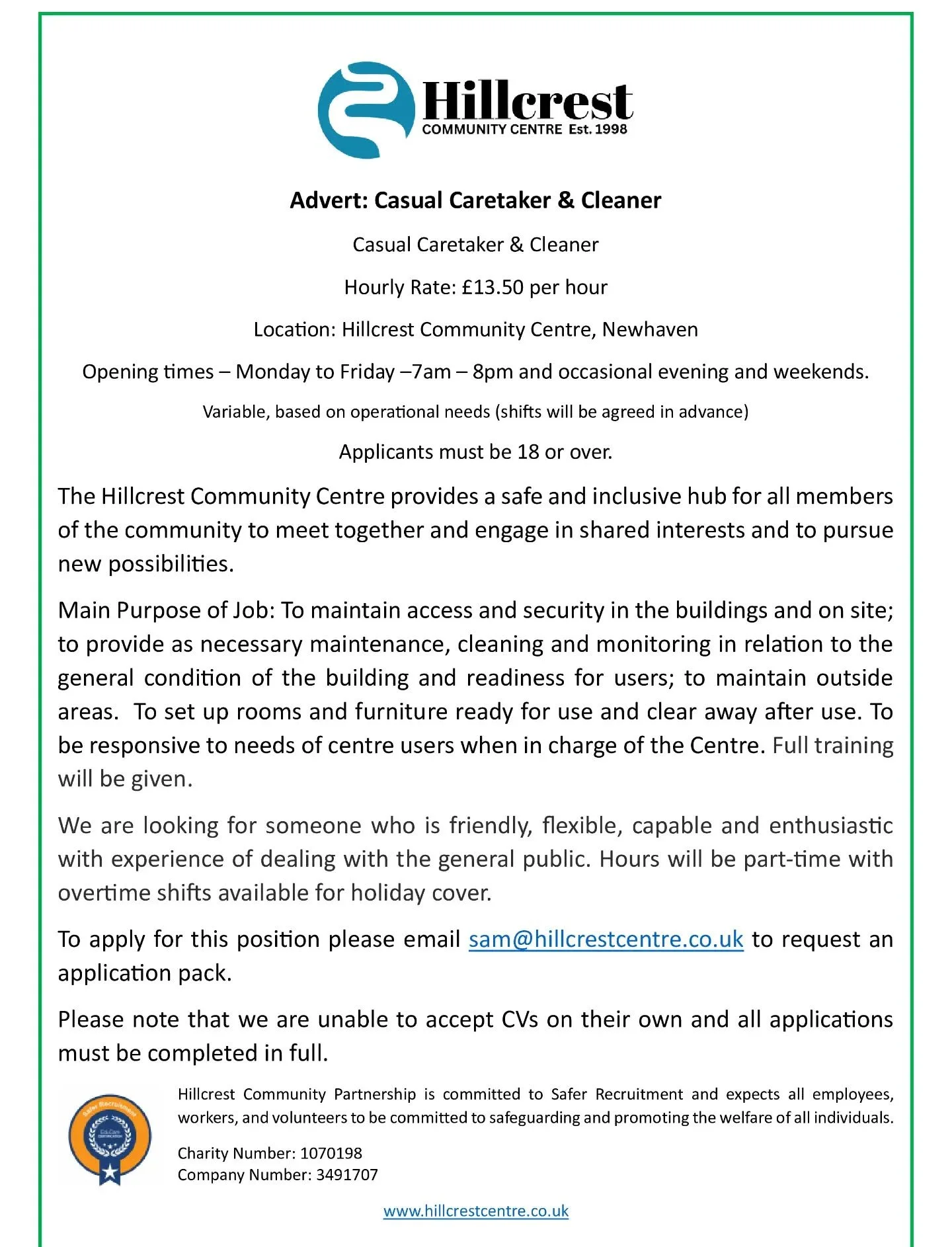 Take a look at our advert for a Casual Caretaker and Cleaner. We&rsquo;re looking for reliable, hands‑on people who can support the smooth running of the Centre by helping with cleaning, room setups, and general caretaking duties. If you&rsquo;re fle