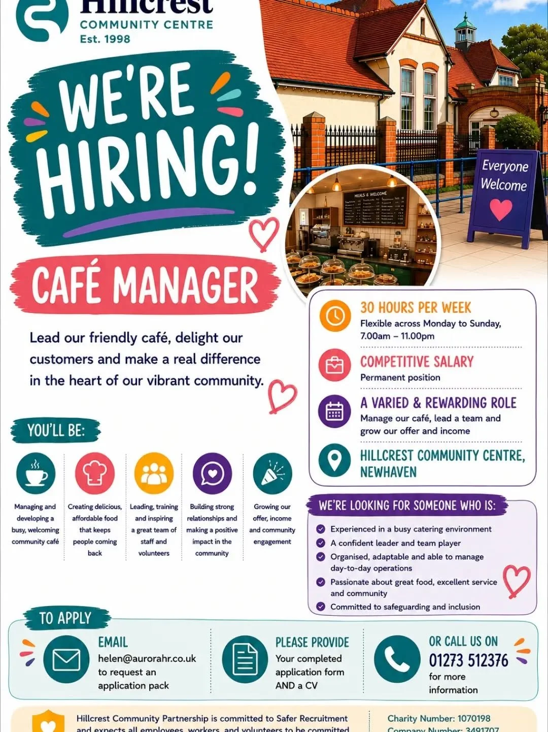 ☕&nbsp;We&rsquo;re Hiring &ndash; Caf&eacute; Manager&nbsp;☕

Hillcrest Community Centre is looking for a friendly, capable and community-minded Caf&eacute; Manager to lead our much-loved community caf&eacute;.

This is a varied and rewarding role, h
