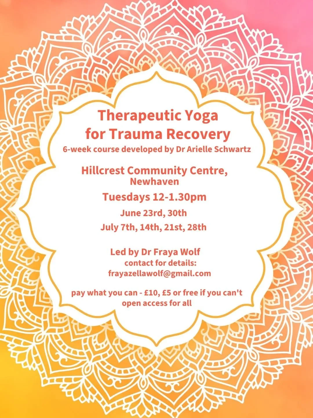 Starting Tuesday 23rd June 2026

12.00pm - 1.30pm

A 6 week course in therapeutic yoga for trauma recovery following Dr Arielle Schwartz's method 🧘&zwj;♀️

Learning how to feel safe in your body through meditation, breathwork, nervous system regulat