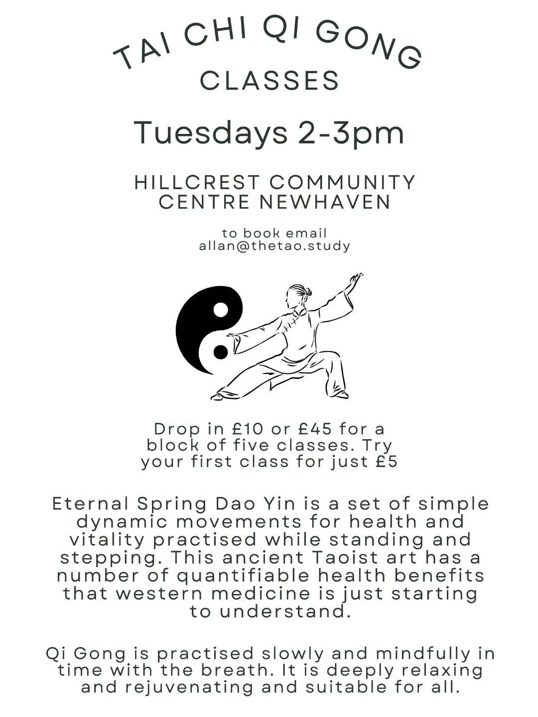 Tai Chi Classes 

📆 Every Tuesday afternoon  2pm-3pm 

Movement and mindfulness with this ancient art 

Drop ins welcome 
Try your first class for just &pound;5 

⭐️ For more information contact Allan 

📧  allan@thetao.study 

#hillcrestcommunityce