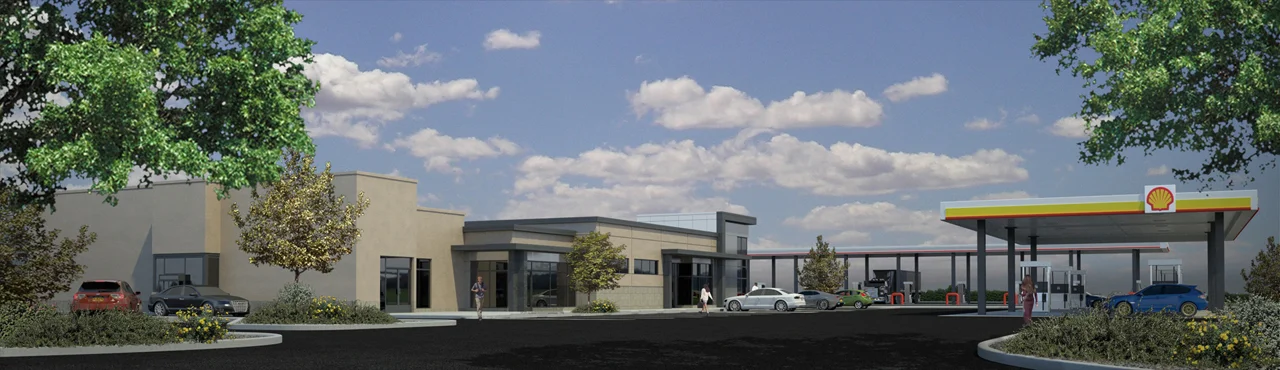 exterior 3d architectural rendering of a truck stop gas station in north jackson, OH