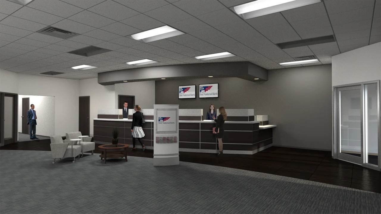 interior 3d architectural rendering of a bank in hudson, OH